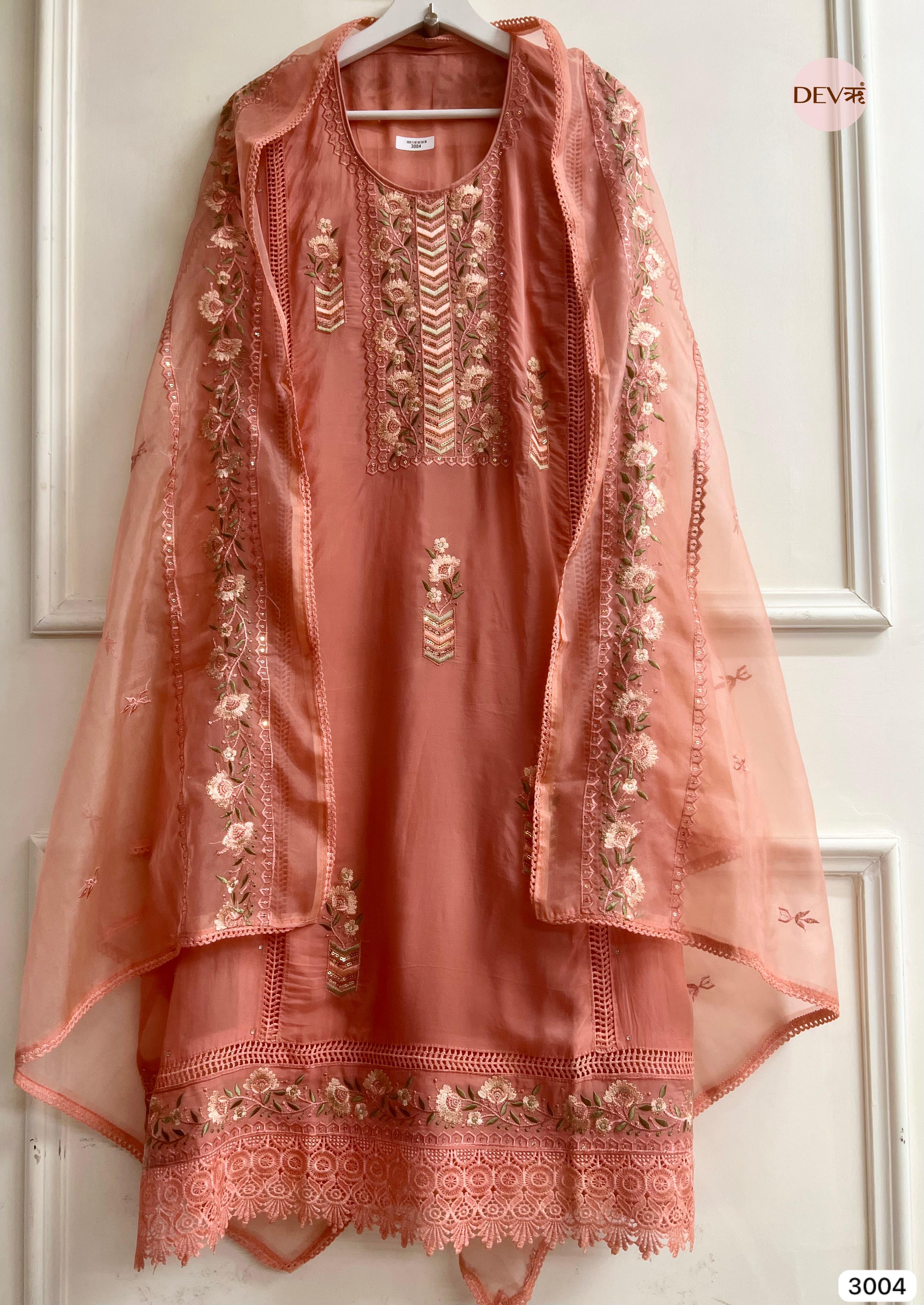 Peach Organza Embroidered Unstitched 3-Piece Suit (Devri – D.No 3004)