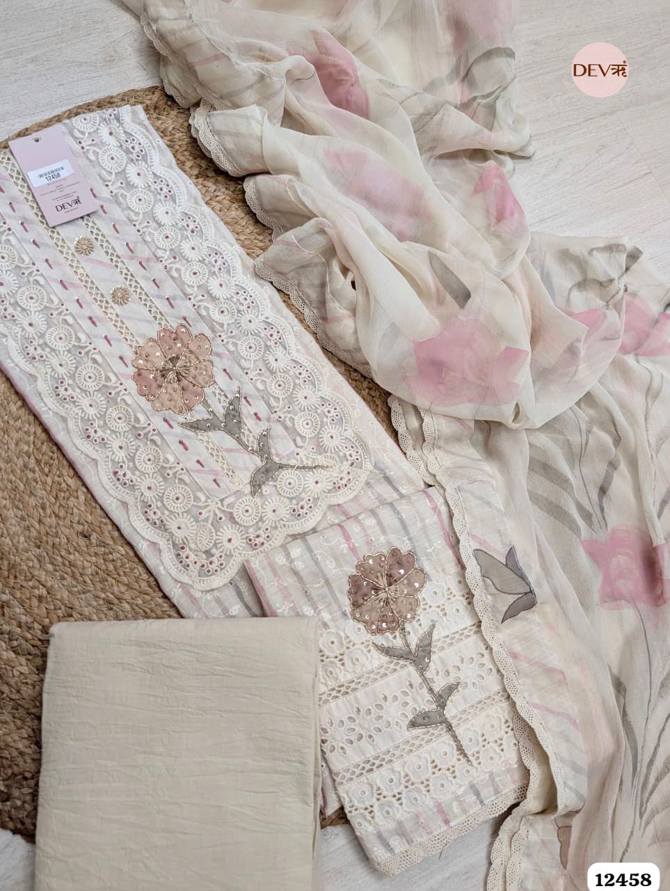 Pink &amp; Beige Pure Linen Embroidered Unstitched 3-Piece Suit (Devri – D.No 12458)
