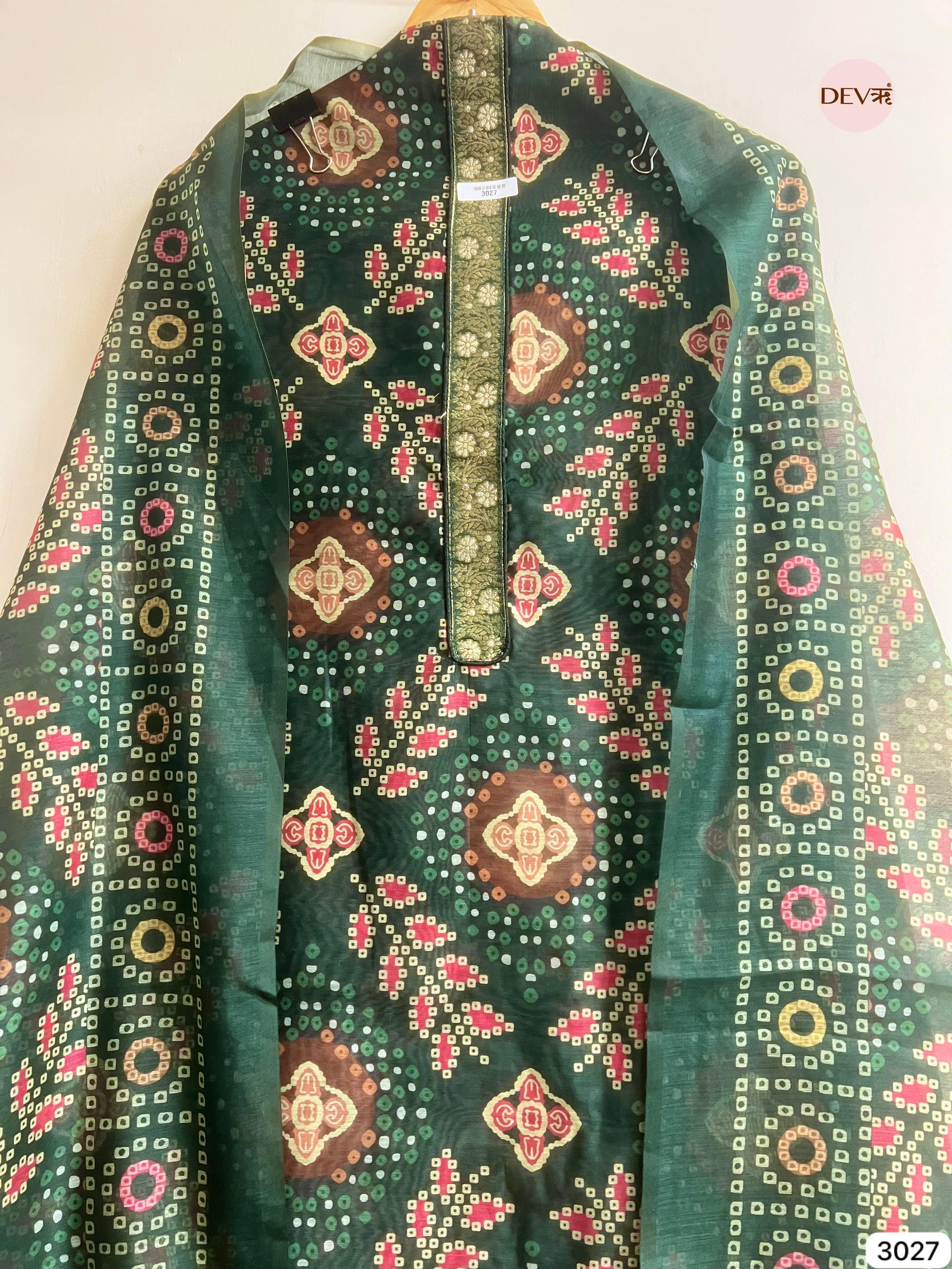 Green Mul Chanderi Embroidered Unstitched 3-Piece Suit (Devri – D.No 3027)