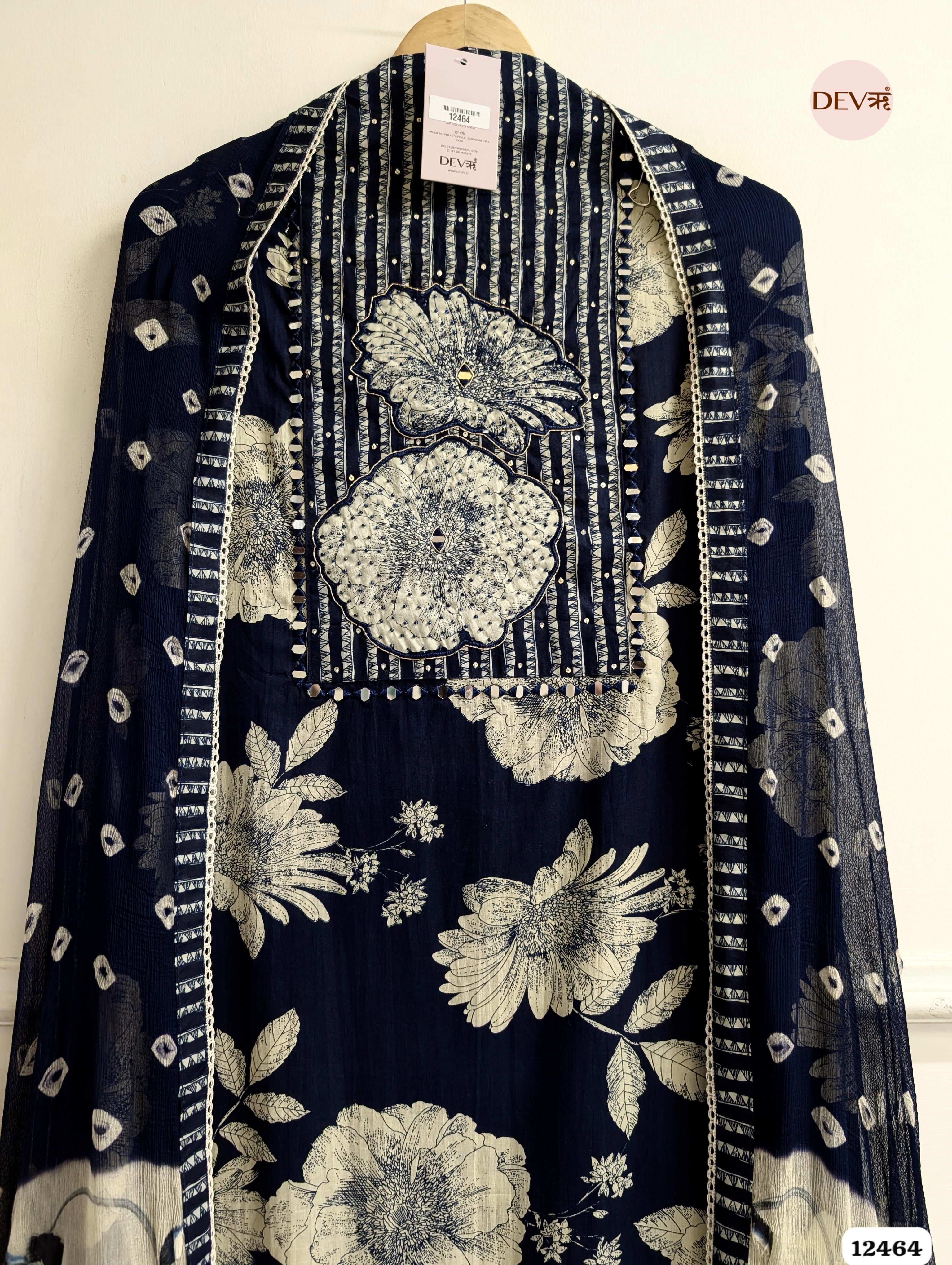 Navy Blue Cotton Printed Unstitched 3-Piece Suit (Devri – D.No. 12464)