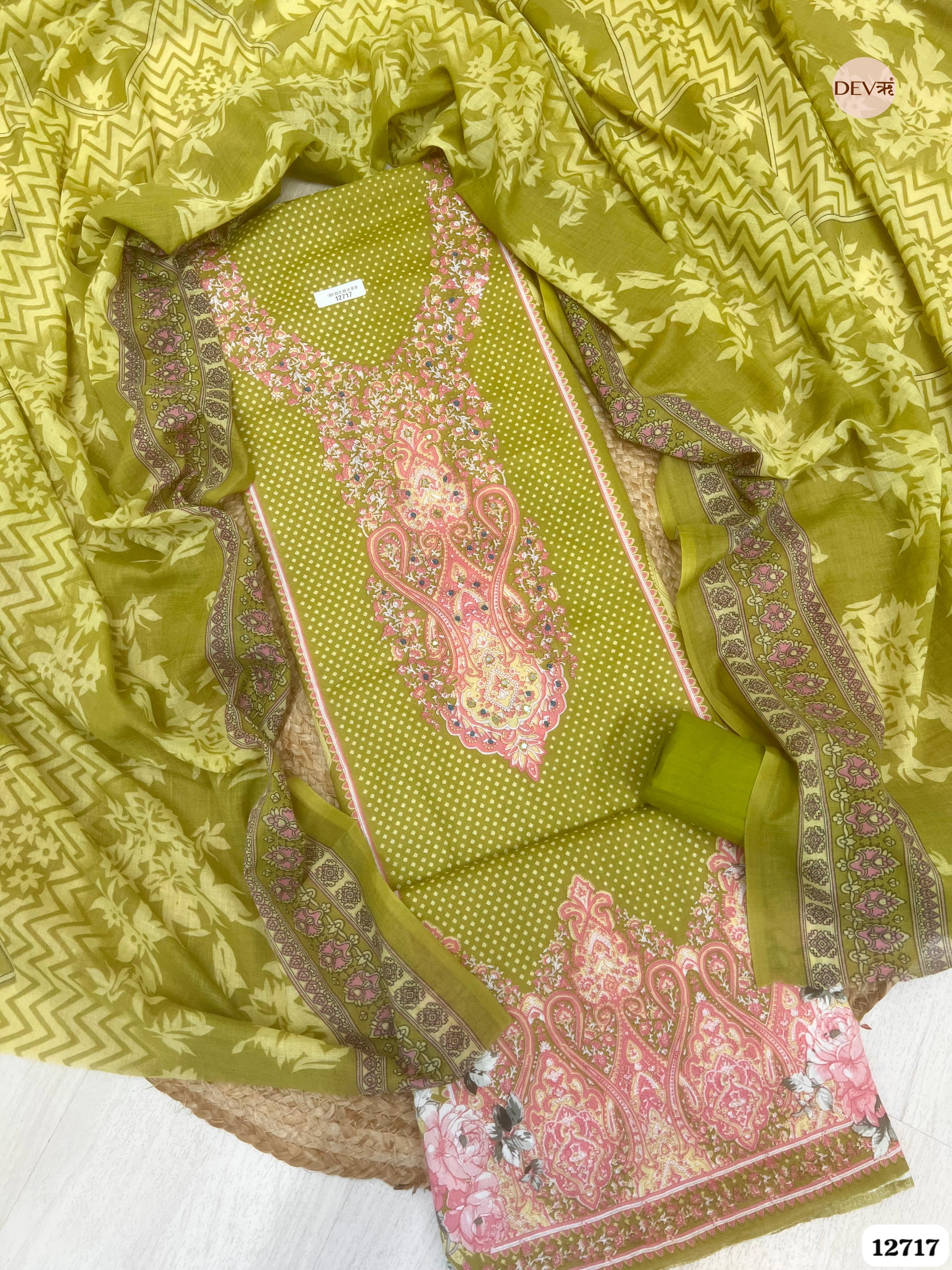 Green Cotton Printed Unstitched 3-Piece Suit (Devri – D.No 12717)