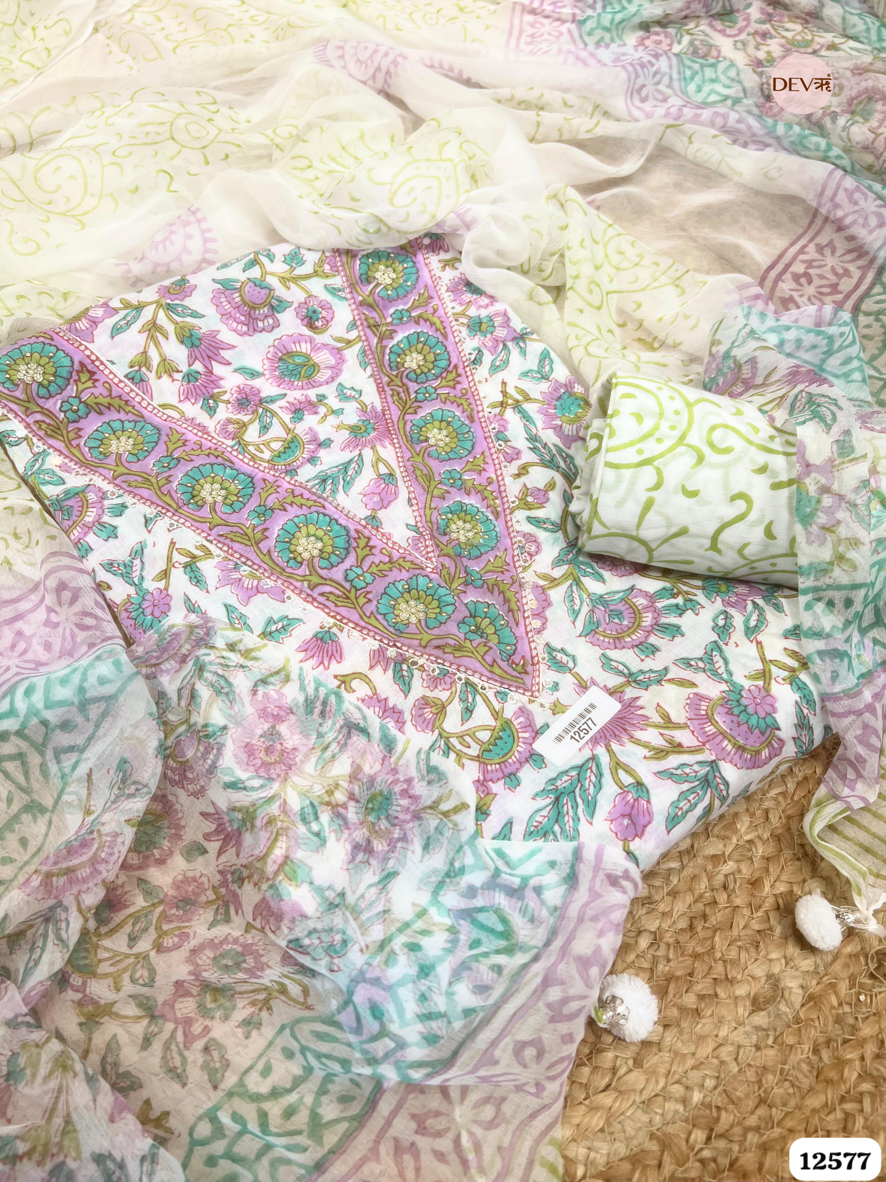 White Pure Cotton Floral Embroidered Unstitched 3-Piece Suit (Devri – D.No 12577)