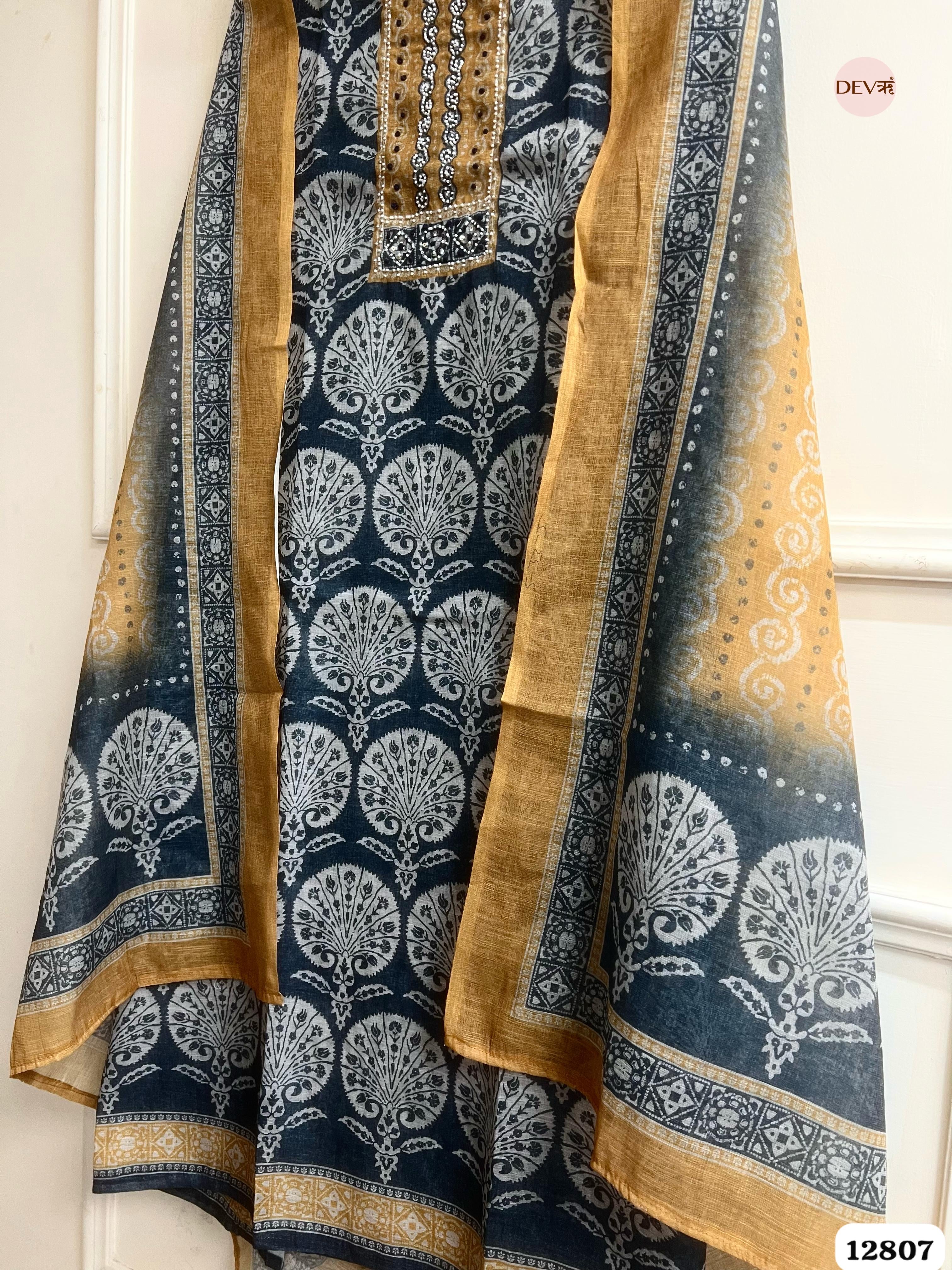 Grey Linen Cotton Printed Unstitched 3-Piece Suit (Devri – D.No 12807)