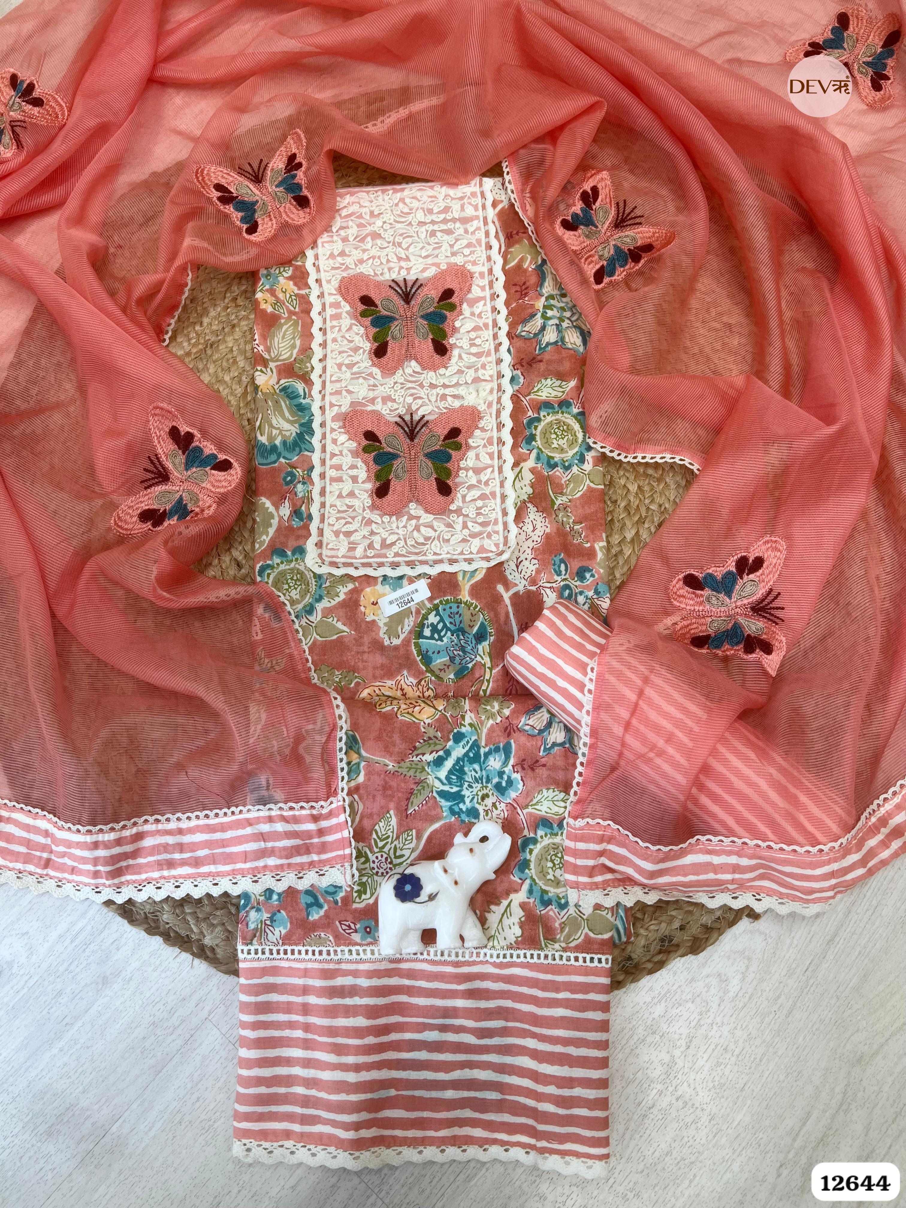 Peach Cotton Floral Embroidered Unstitched 3-Piece Suit (Devri – D.No 12644)