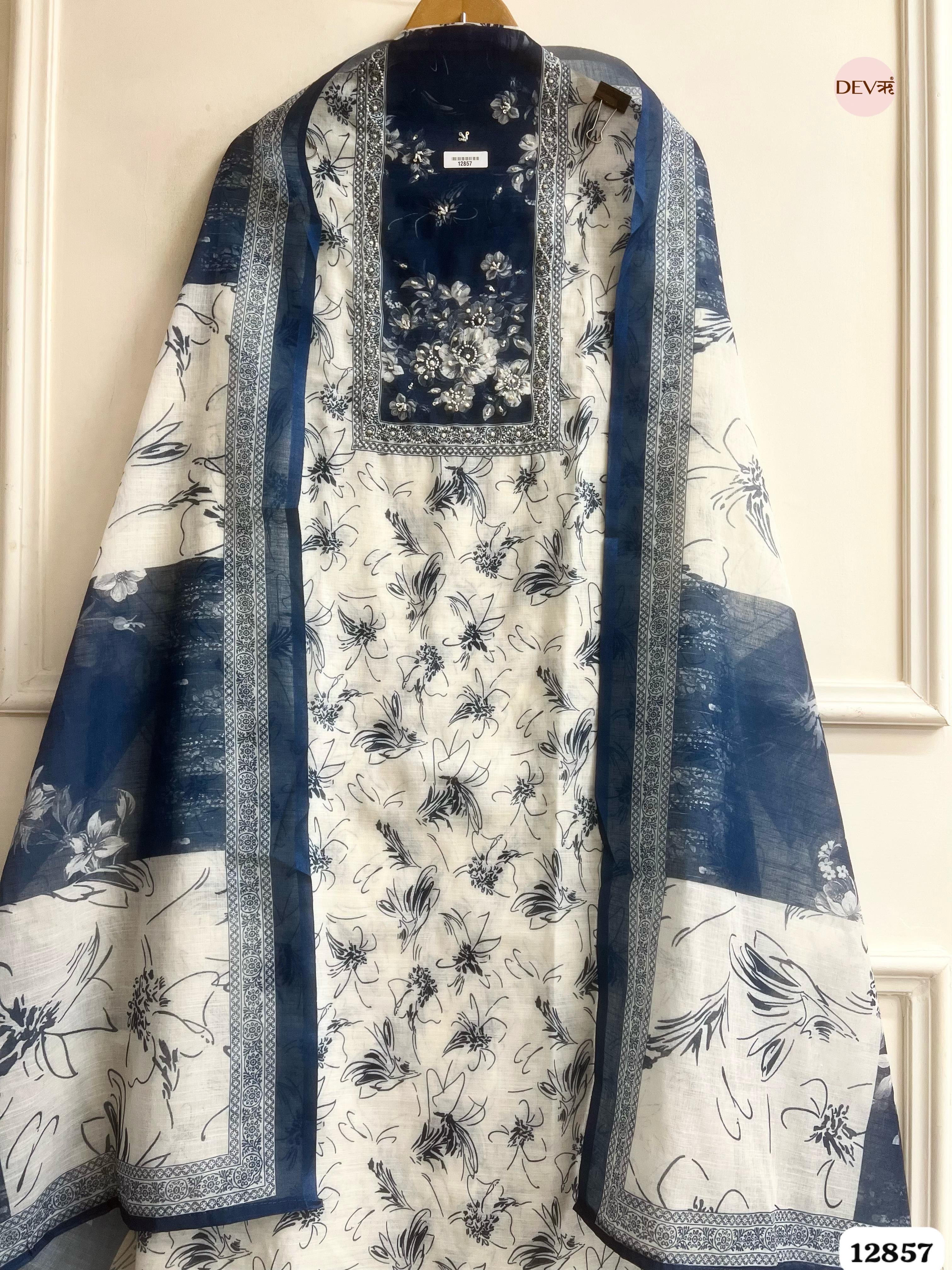 Navy Linen Cotton Printed Unstitched 3-Piece Suit (Devri – D.No 12857)