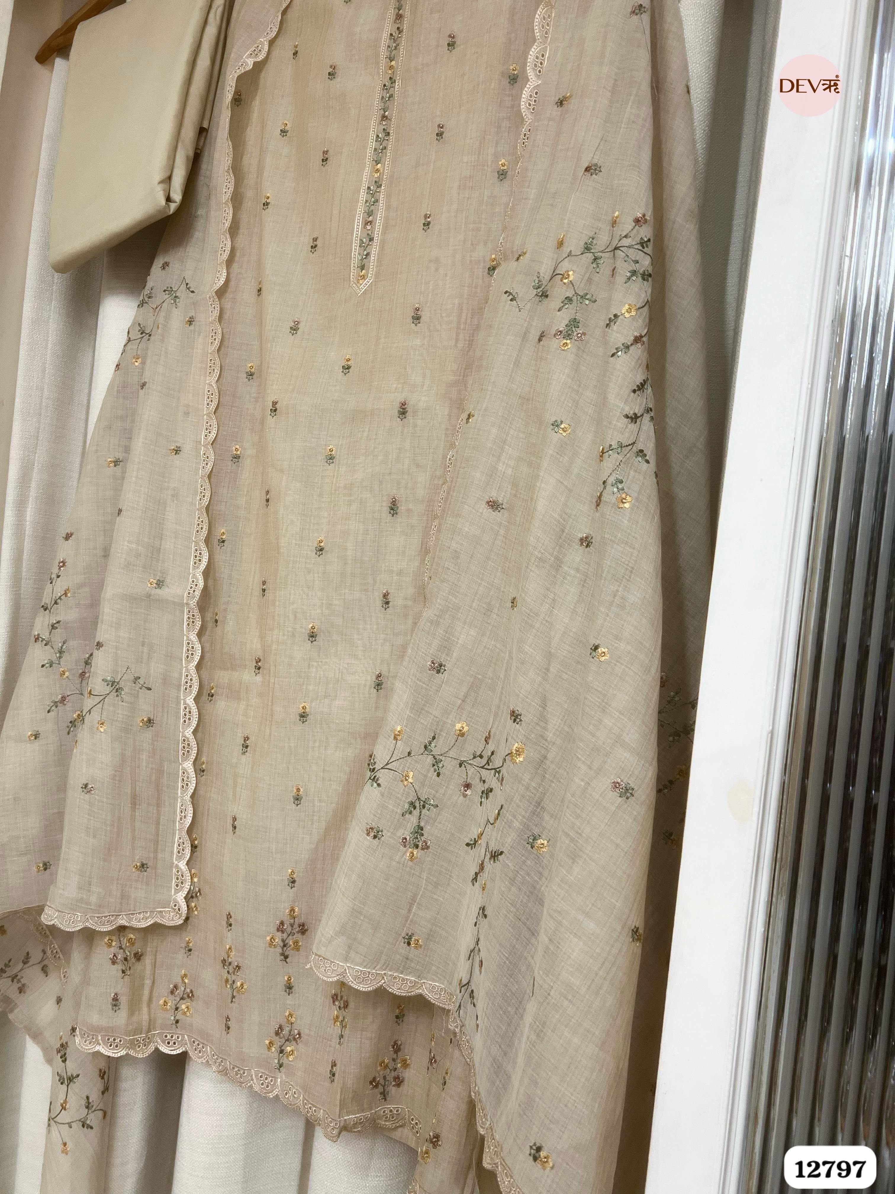 Beige Mul Chanderi Embroidered Unstitched 3-Piece Suit (Devri – D.No 12797)