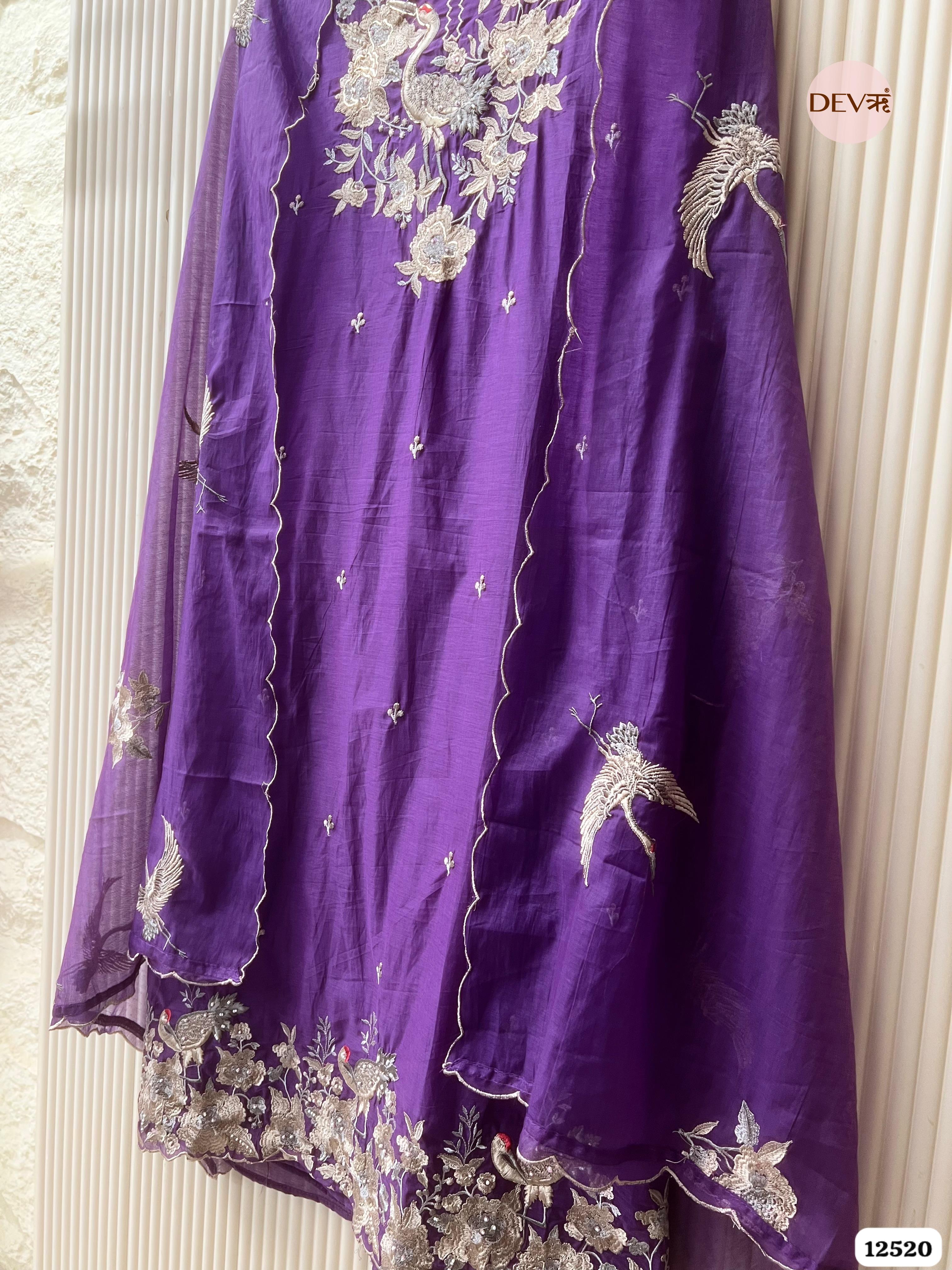Royal Purple Pure Mul Chanderi Embroidered Unstitched 3-Piece Suit (Devri – D.No . 12520)