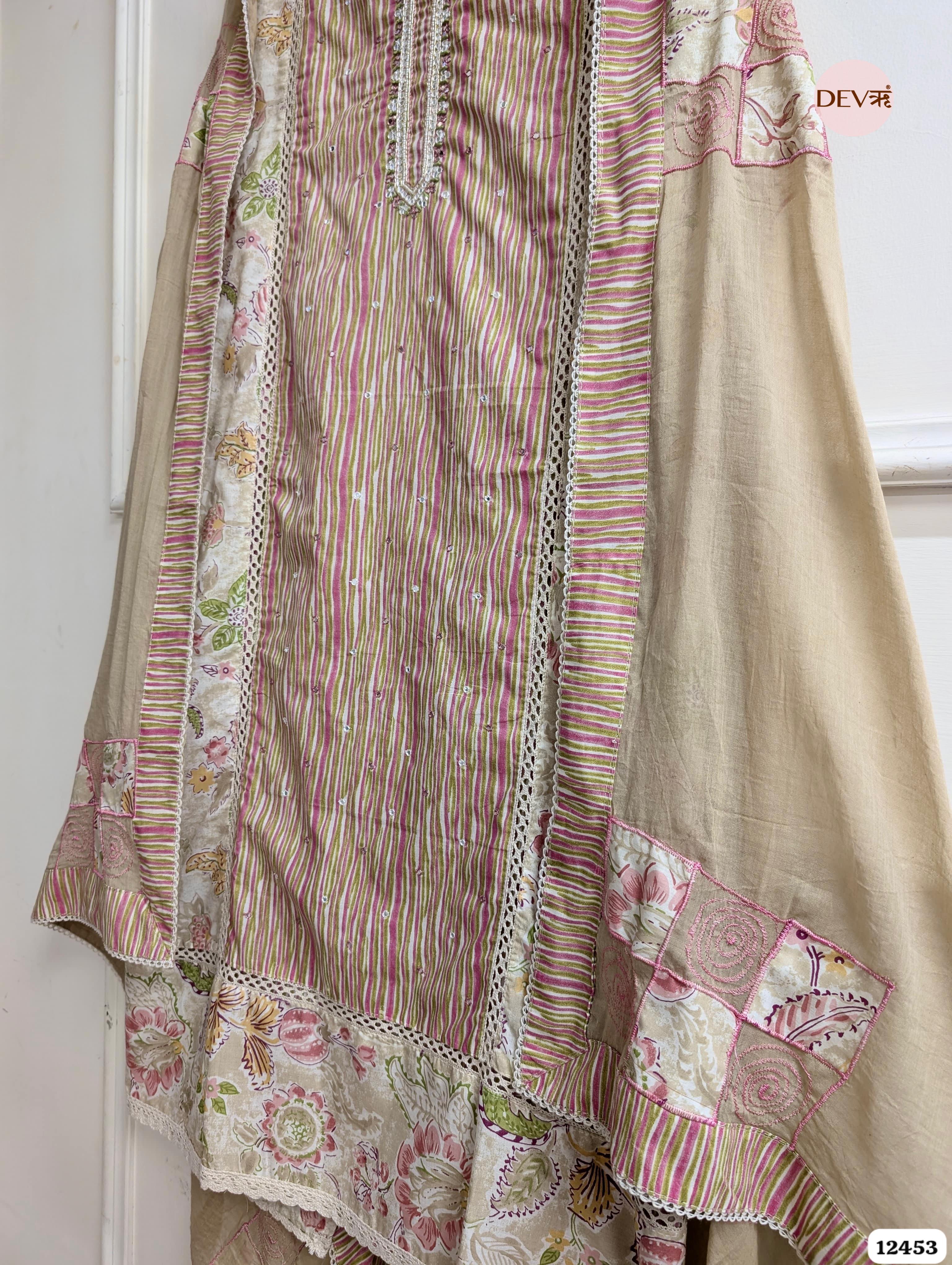 Beige and Pink Cotton Embroidered Unstitched 3-Piece Suit (Devri – D.No .12453)
