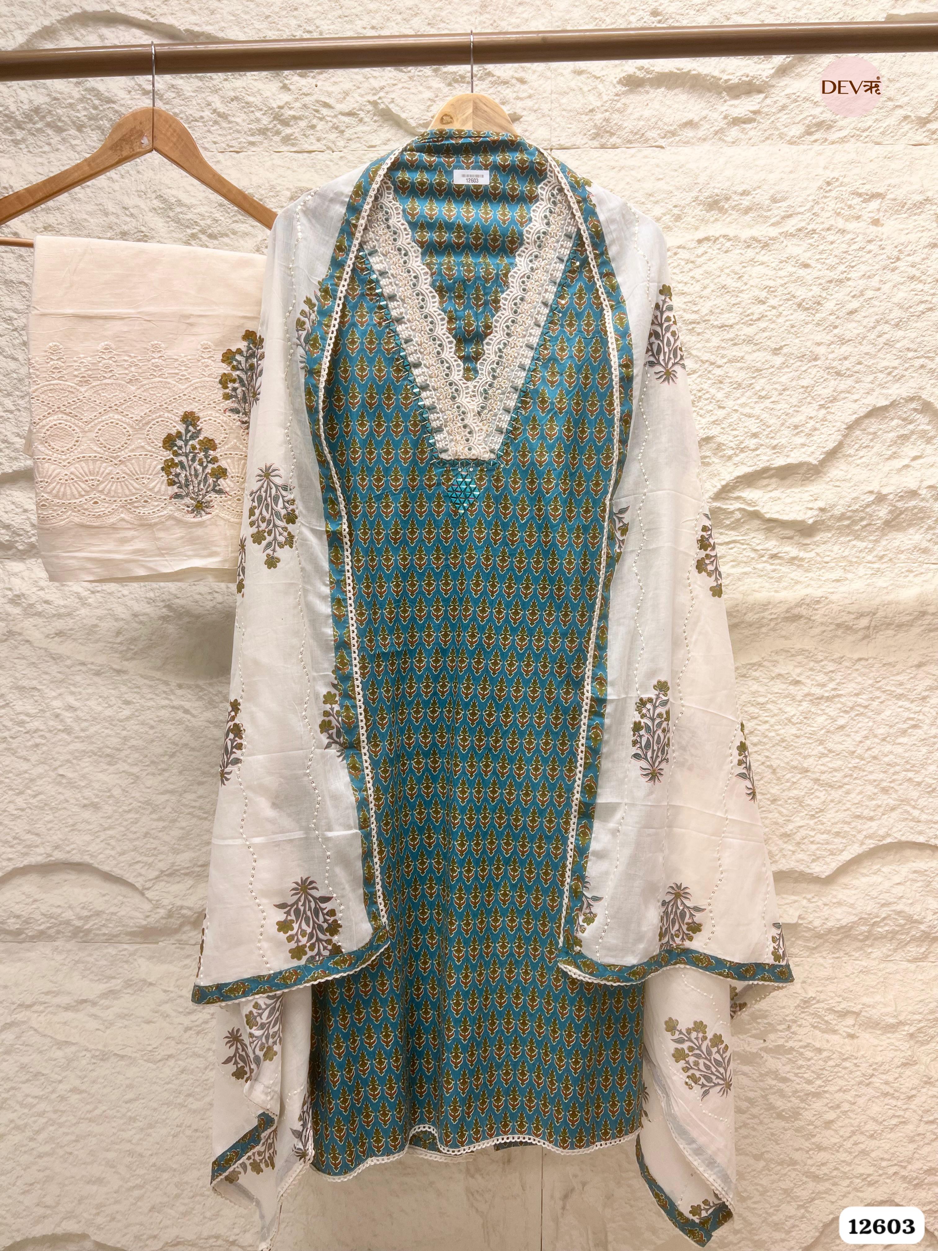 Teal Blue Cotton Printed Unstitched 3-Piece Suit (Devri – D.No 12603)