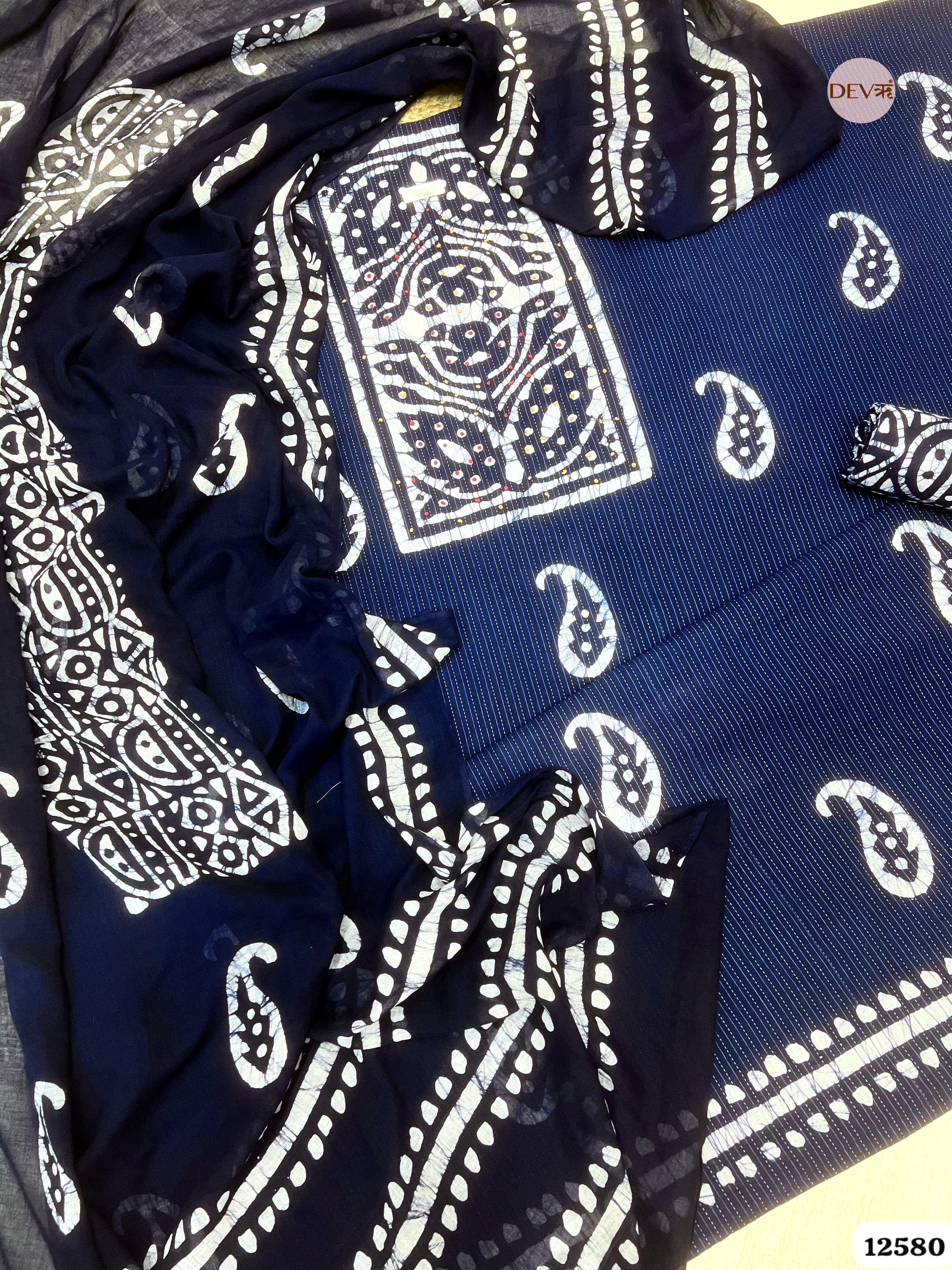 Navy Blue Cotton Batik Printed Unstitched 3-Piece Suit (Devri – D.No 12580)