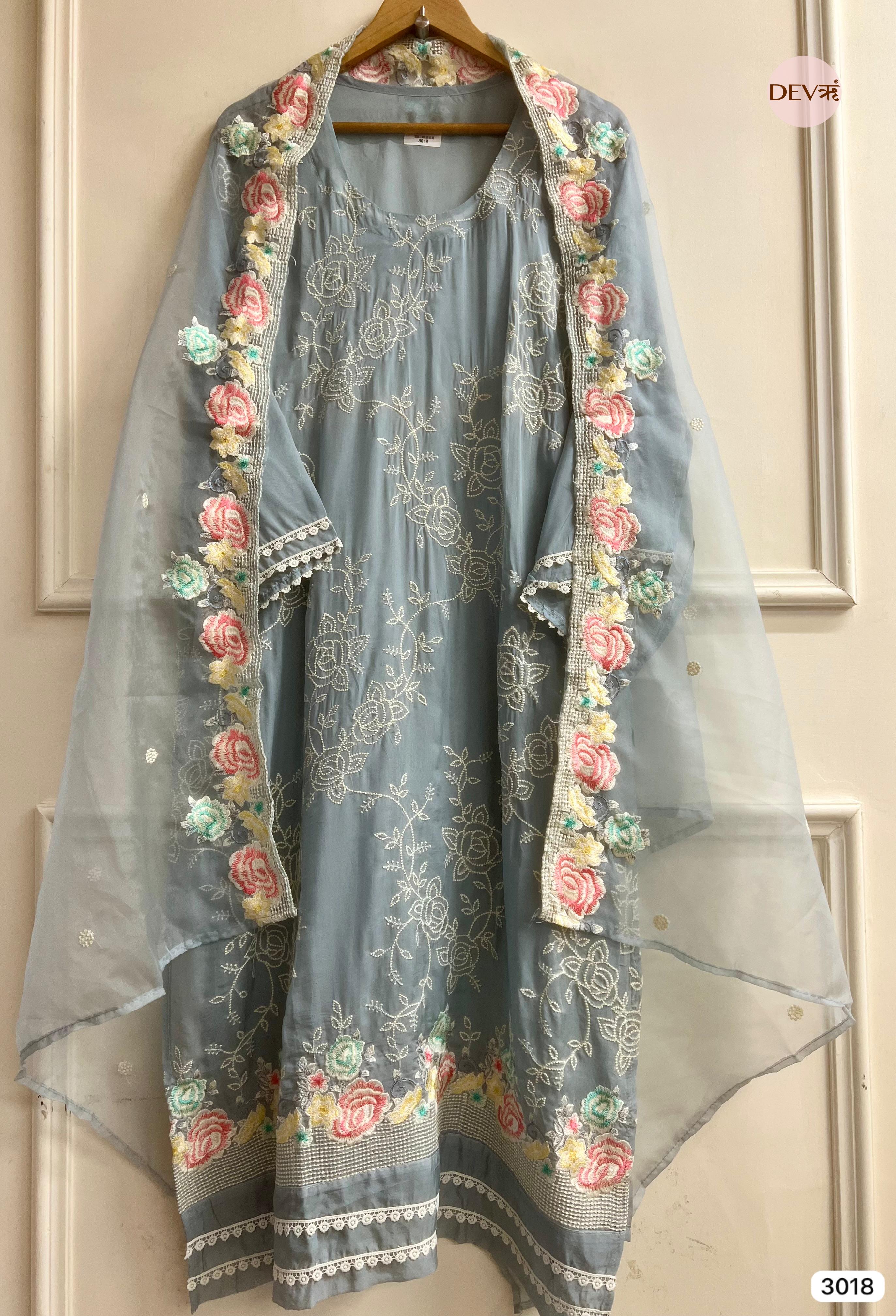 Grey Organza Embroidered Unstitched 3-Piece Suit (Devri – D.No 3018)