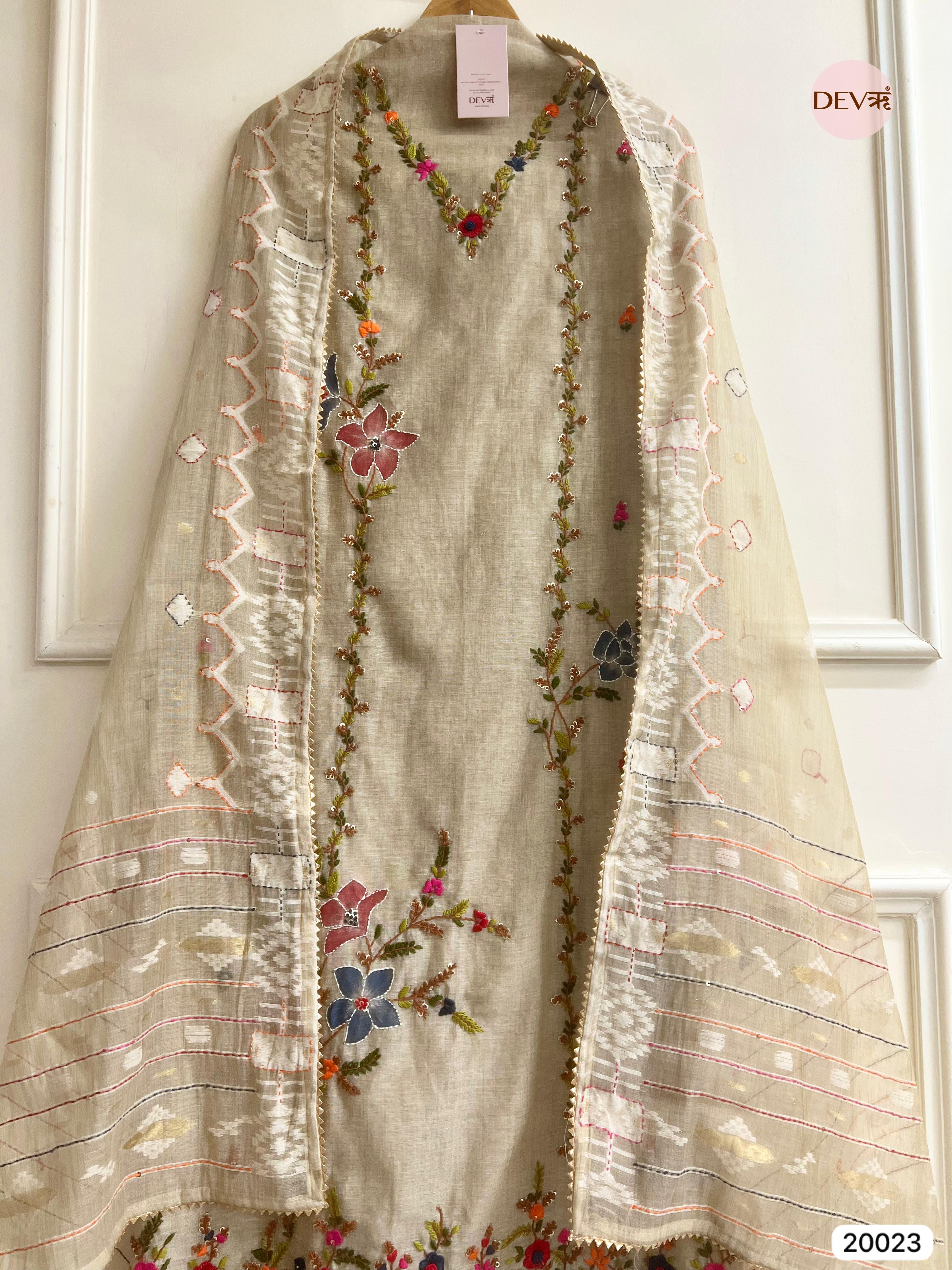 Beige Mul Chanderi Embroidered Unstitched 3-Piece Suit (Devri – D.No . 20023)