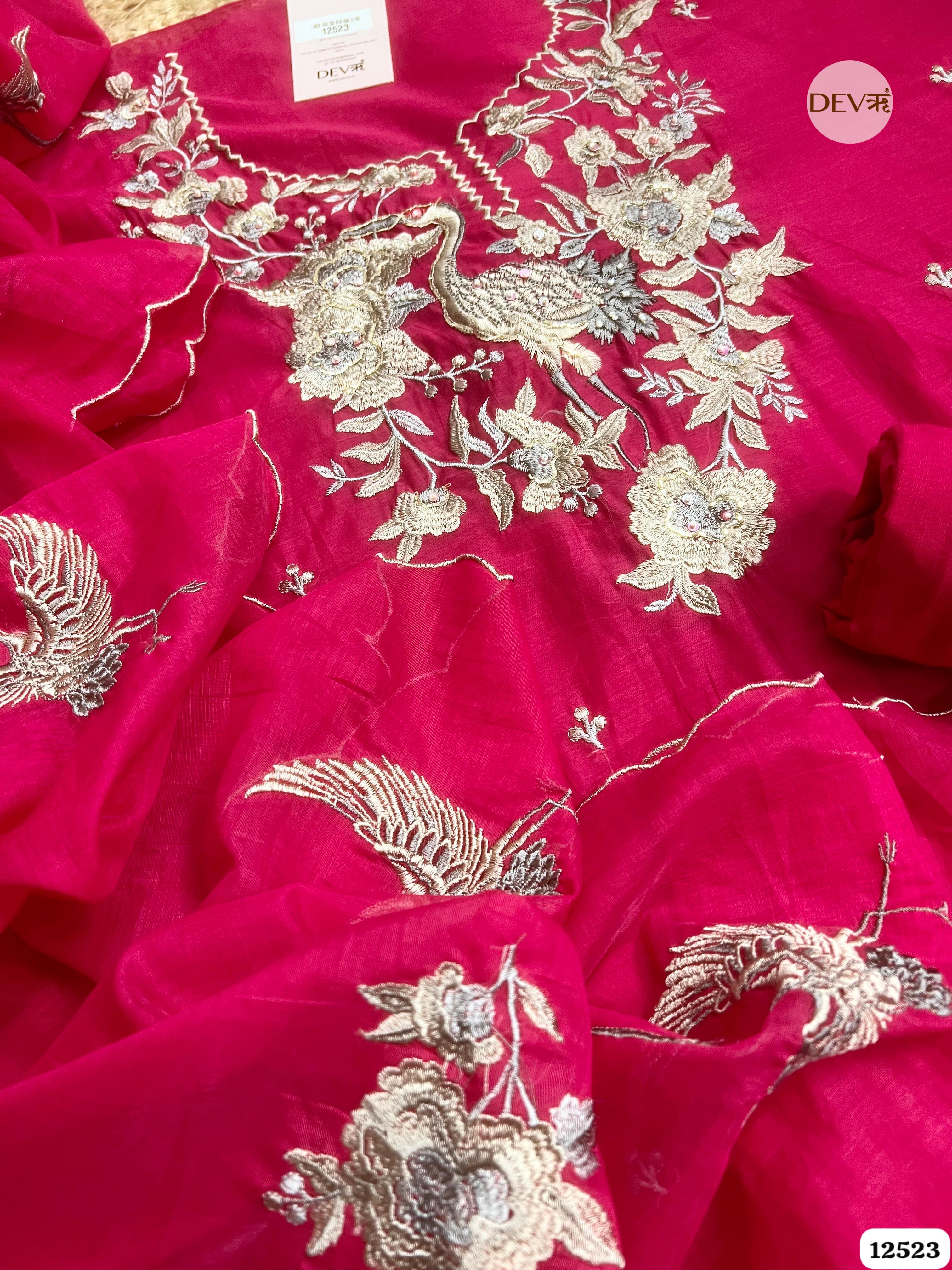 Deep Pink Pure Mul Chanderi Embroidered Unstitched 3-Piece Suit (Devri – D.No .12523)