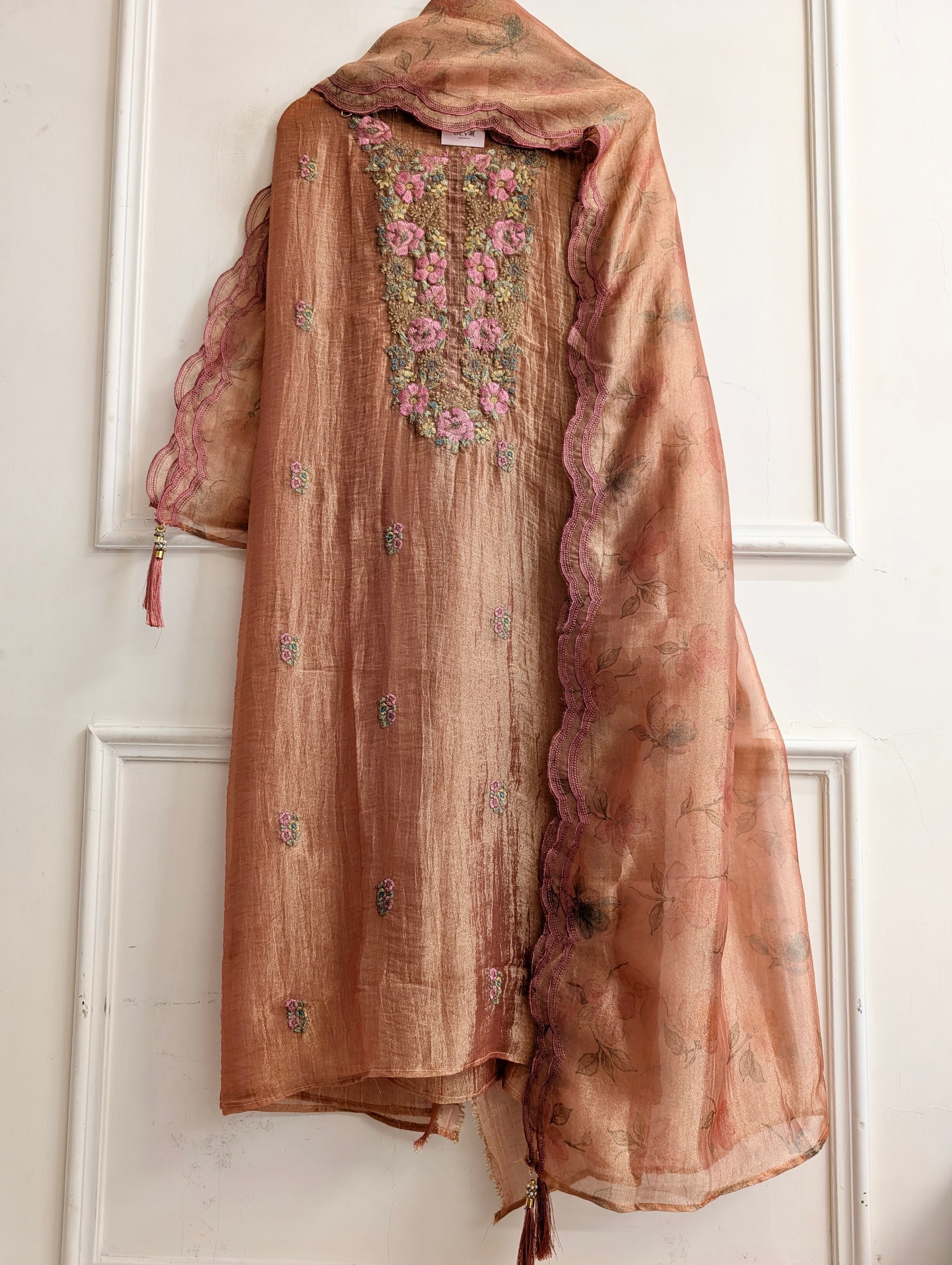 Peach Crush Tissue Silk Embroidered Unstitched 3-Piece Suit (Devri – D.No 13708)