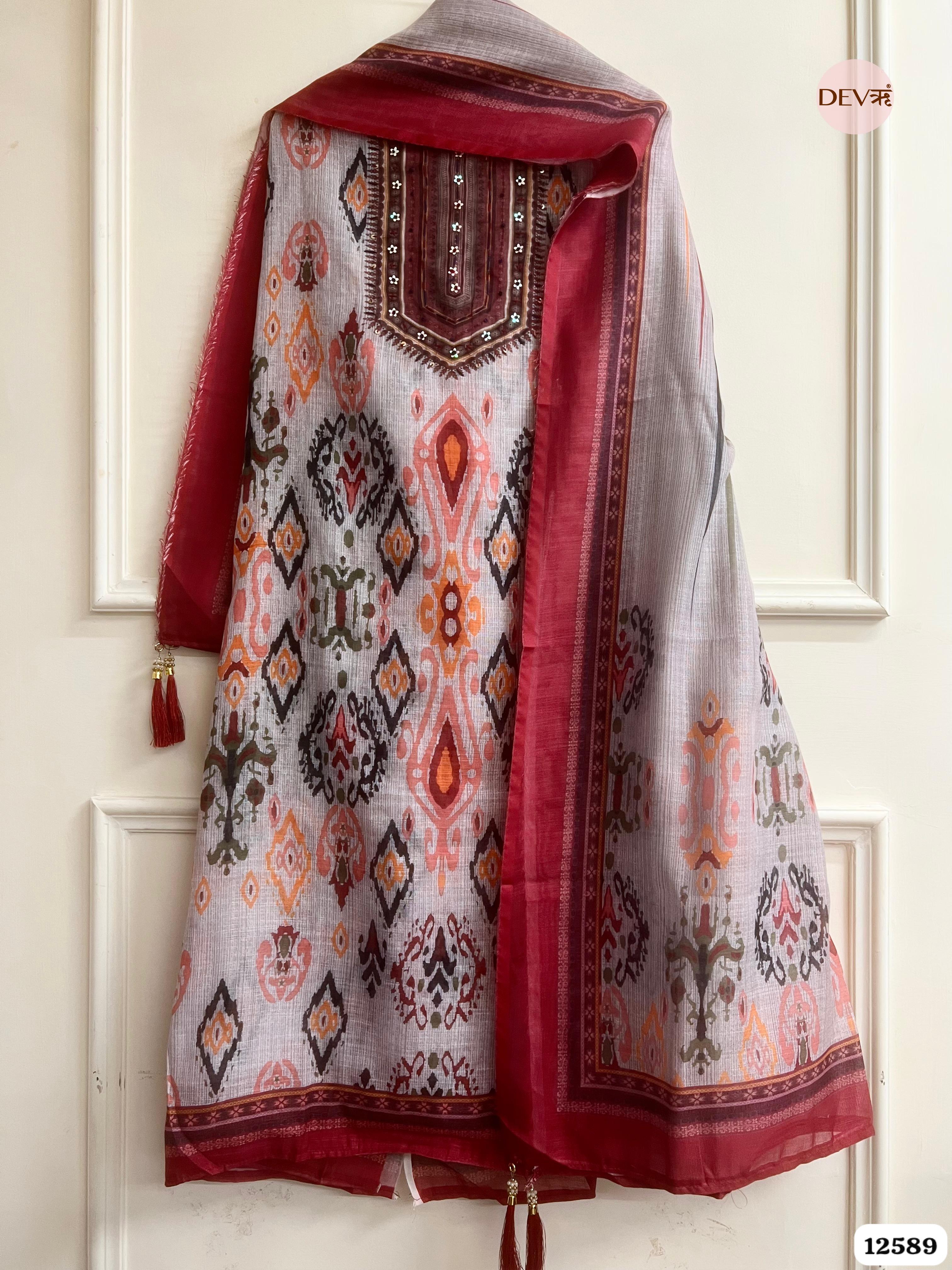 Maroon linen Printed Unstitched 3-Piece Suit (Devri – D.No 12589)