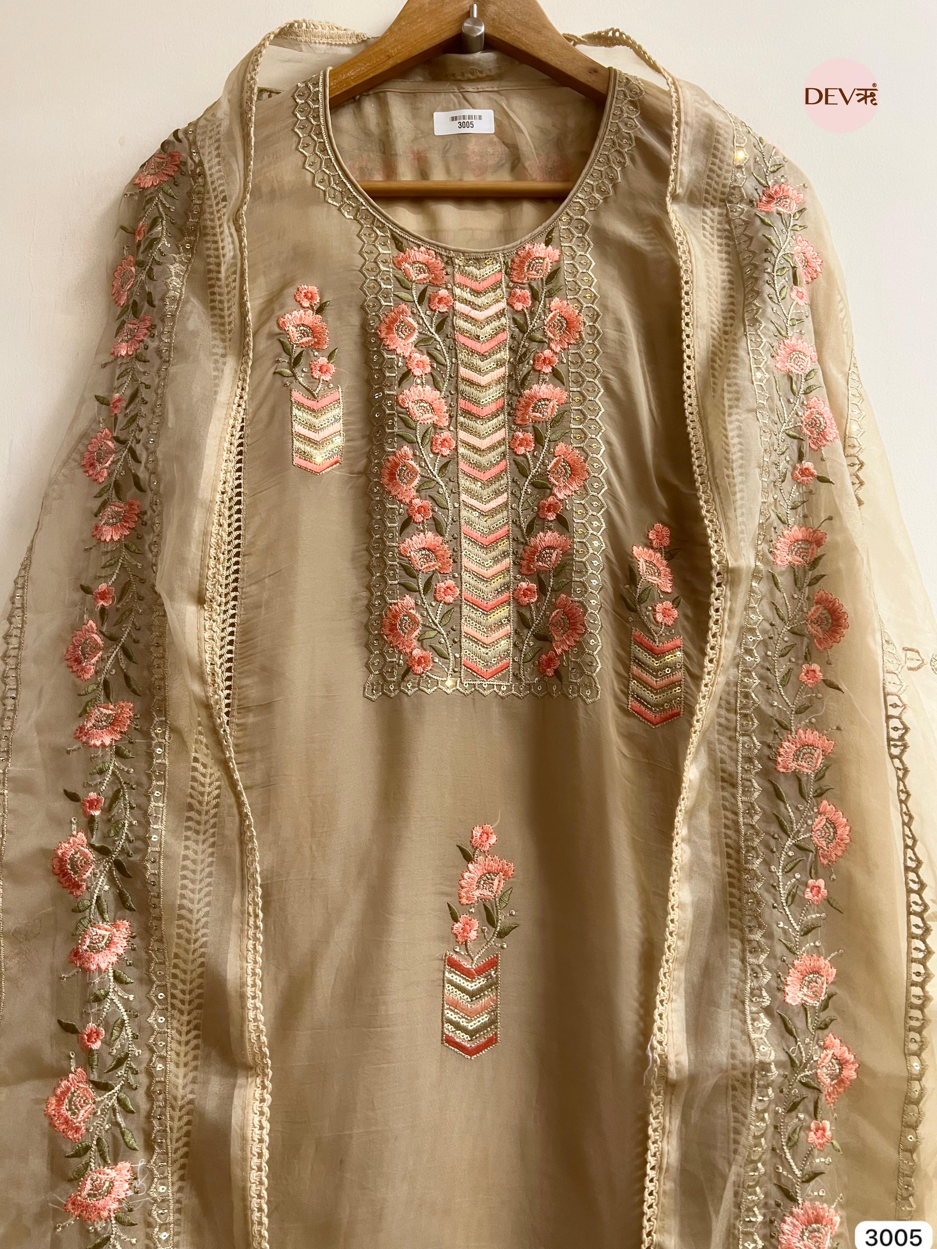Beige Organza Embroidered Unstitched 3-Piece Suit (Devri – D.No 3005)