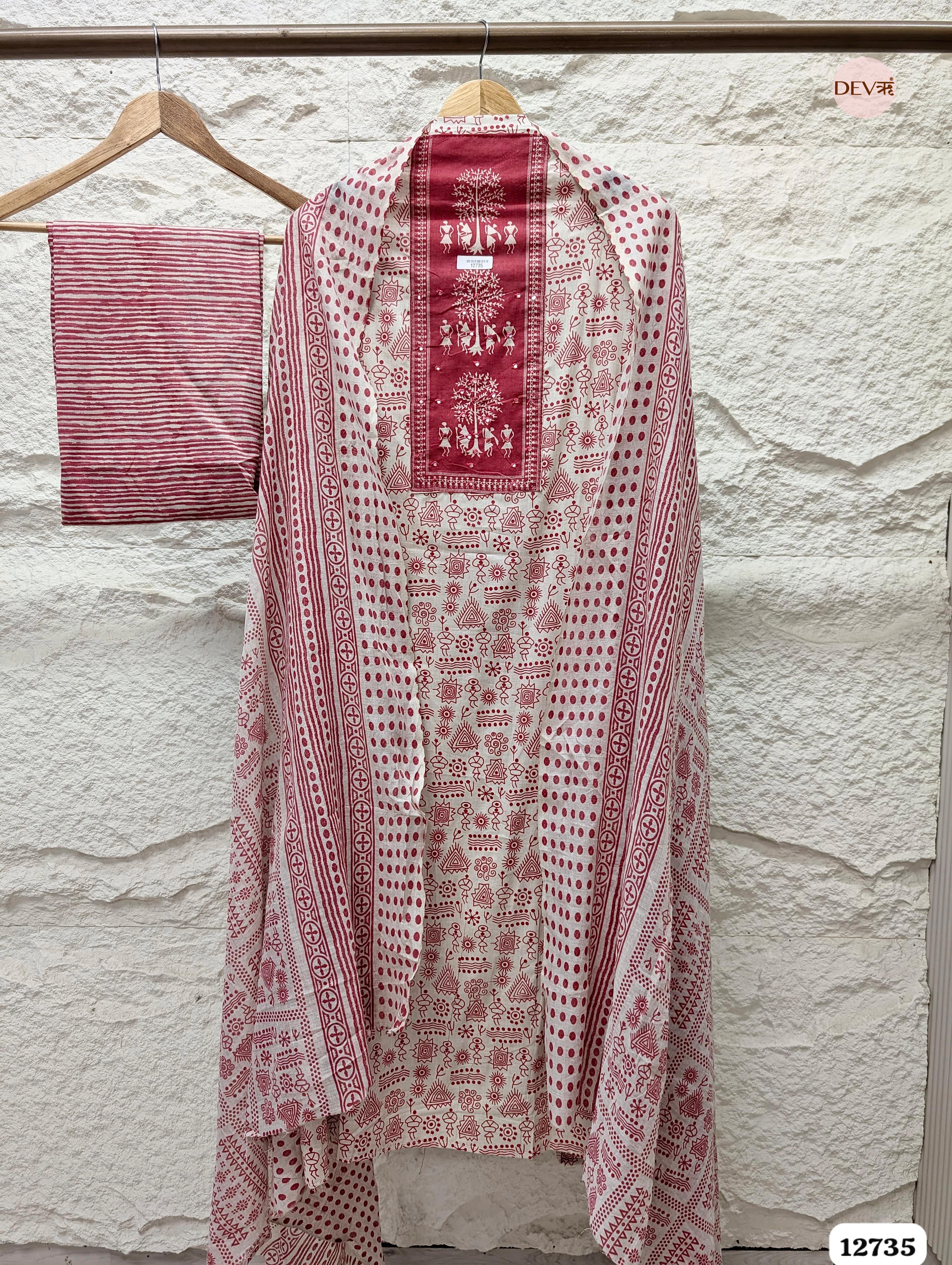 Maroon and Ivory Cotton Printed Unstitched 3-Piece Suit (Devri – D.No 12735)