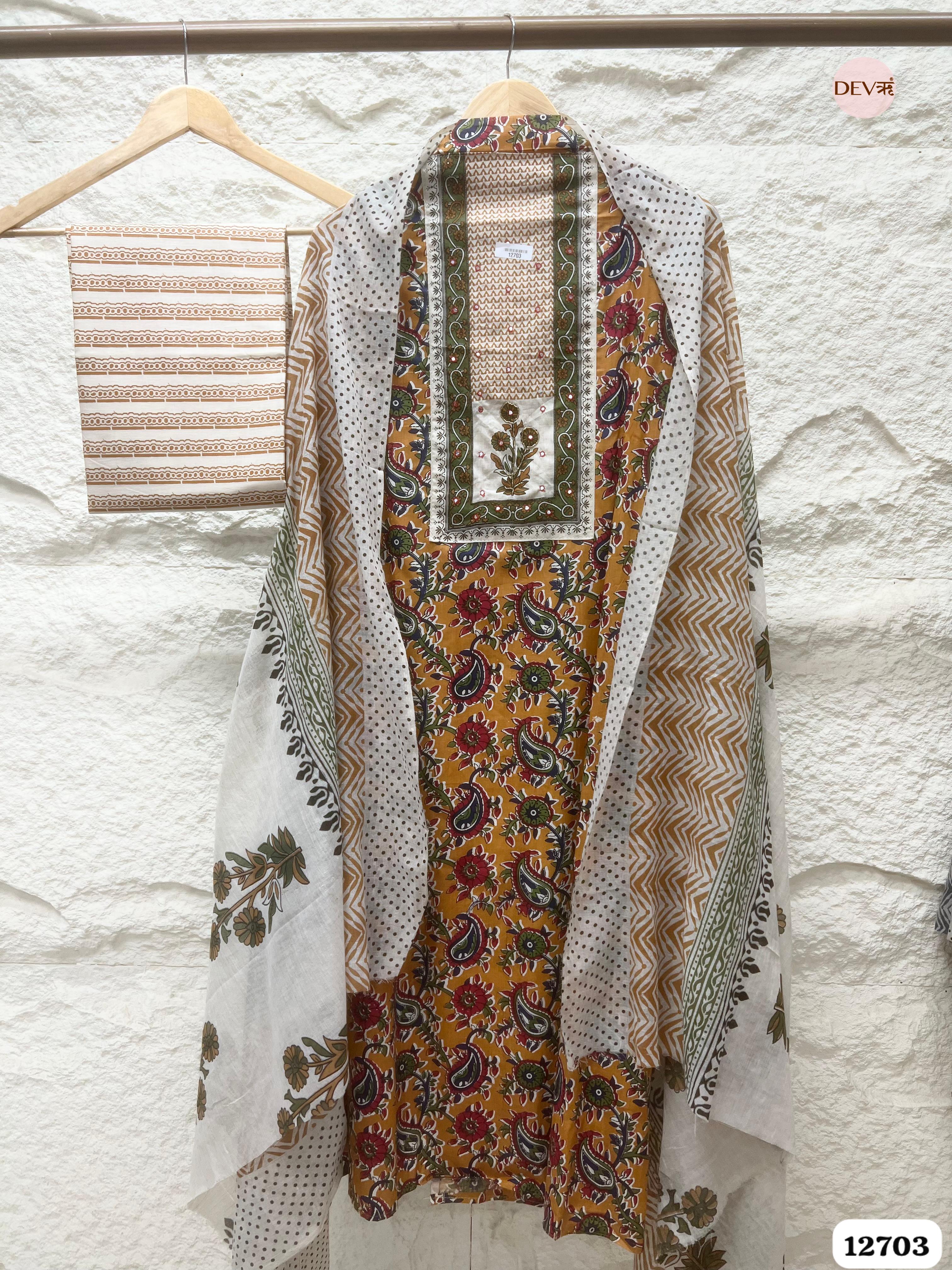 Mustard & White Cotton Printed Unstitched 3-Piece Suit (Devri – D.No 12703)