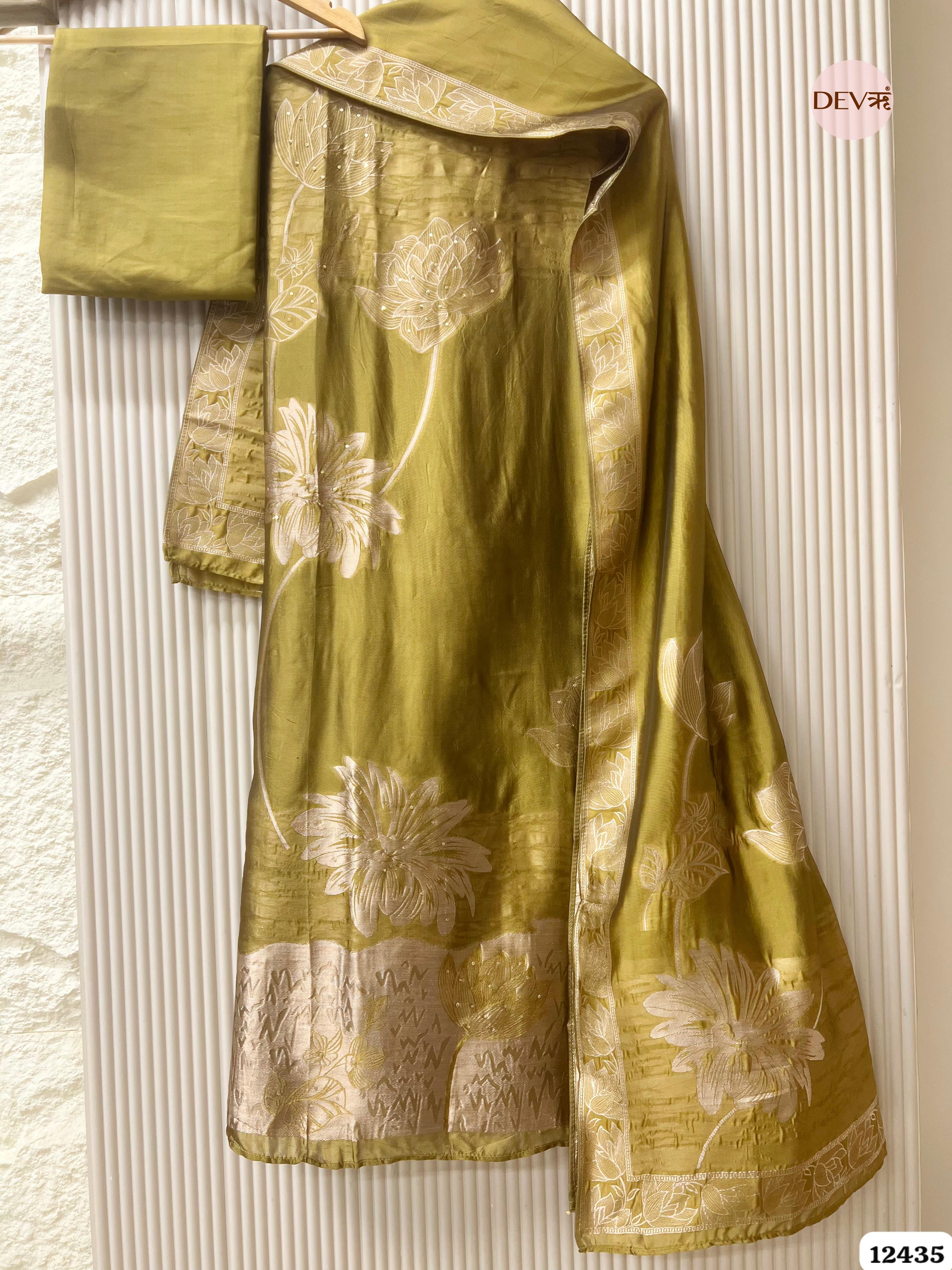 Olive Green Banarasi Silk Printed Unstitched 3-Piece Suit (Devri – D.No. 12435)