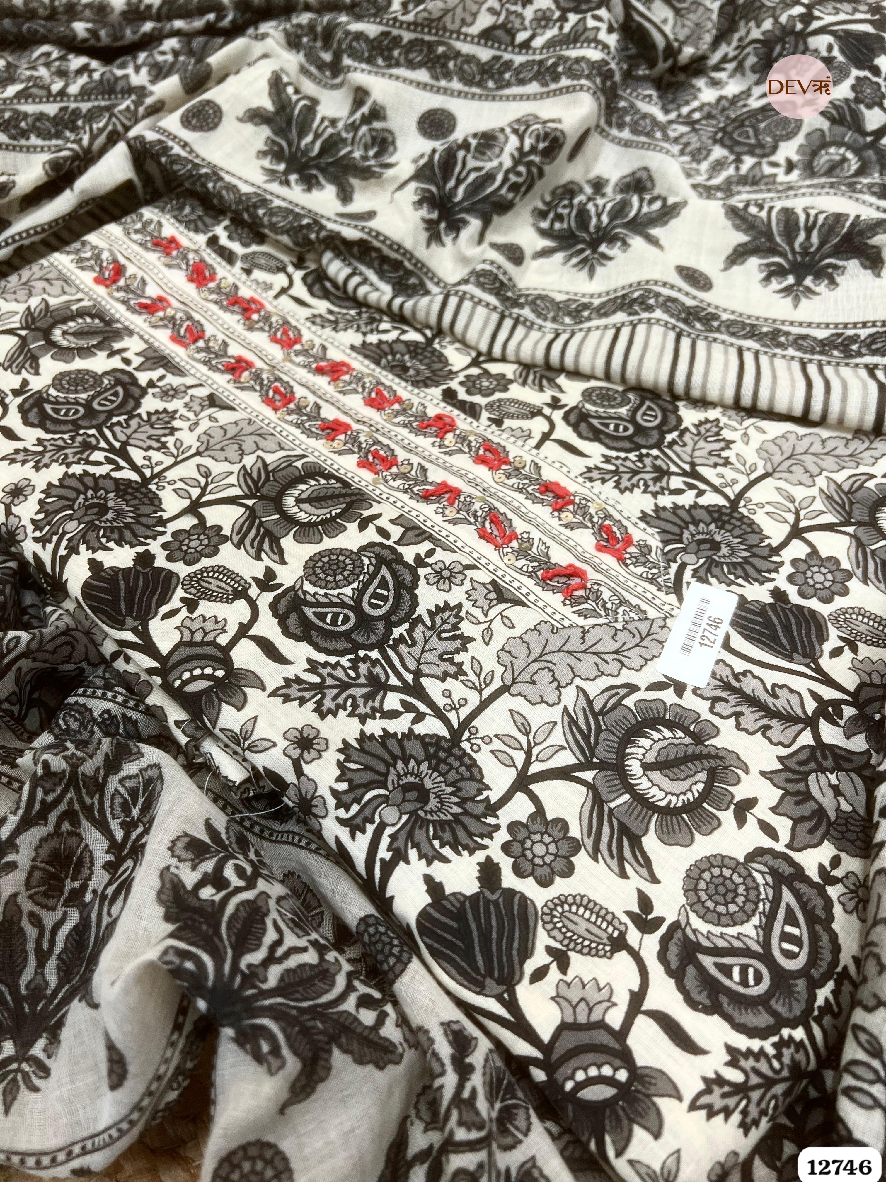 Black Cotton Printed Unstitched 3-Piece Suit (Devri – D.No 12746)