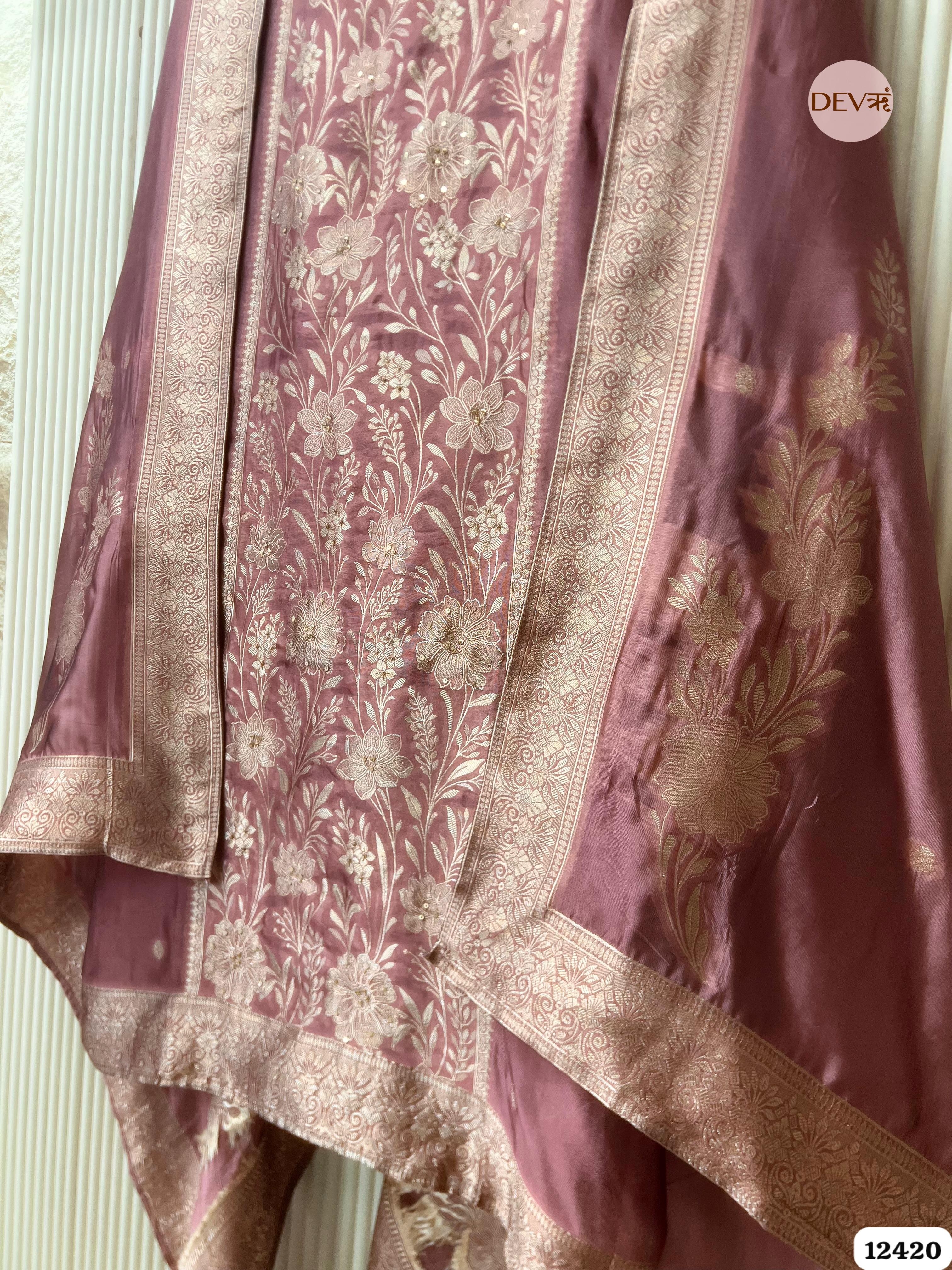 Dusty Rose Banarasi Silk Embroidered Unstitched 3-Piece Suit (Devri – D.No . 12420)