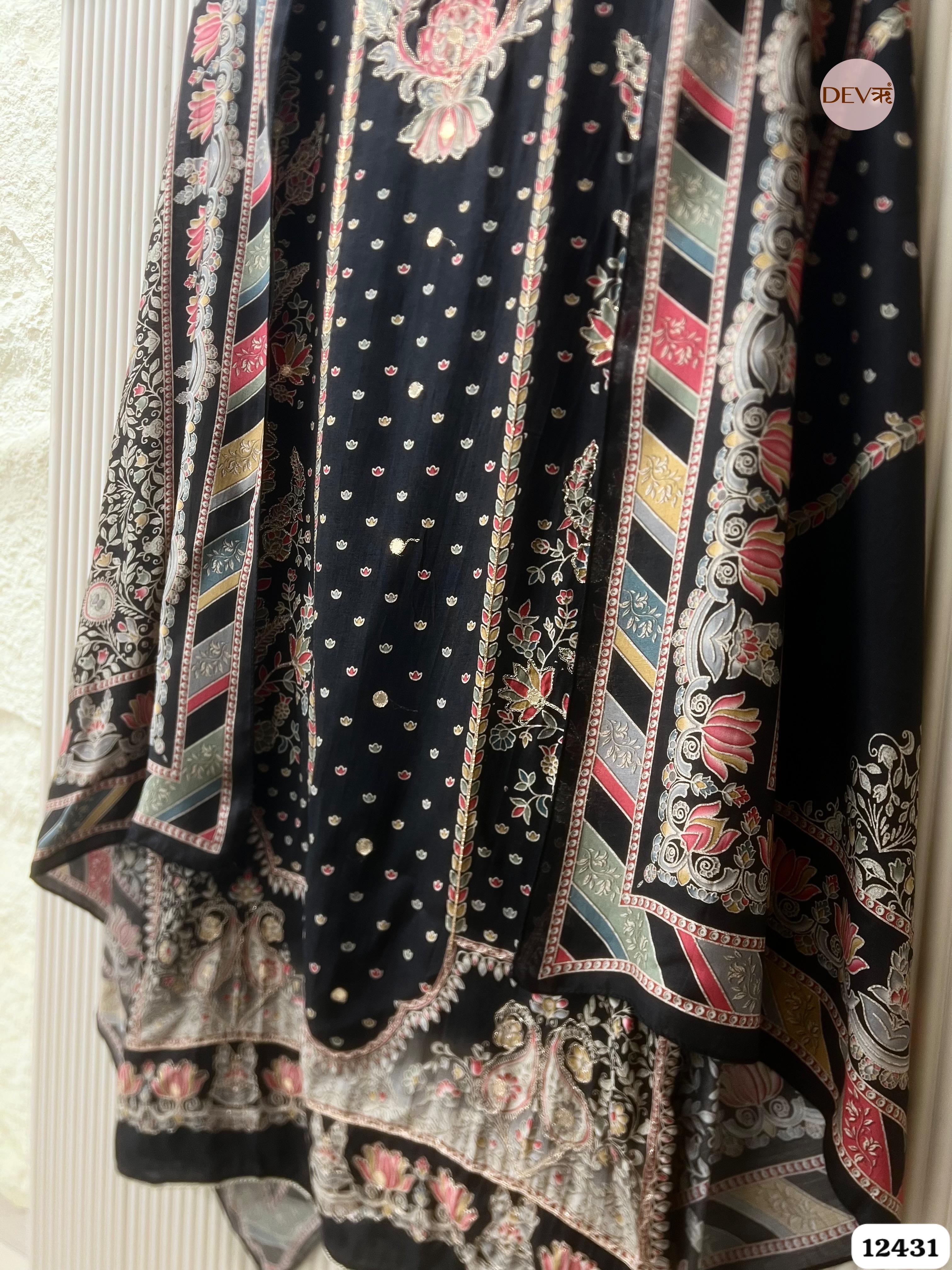 Black Muslin Printed Unstitched 3-Piece Suit (Devri – D.No. 12431)