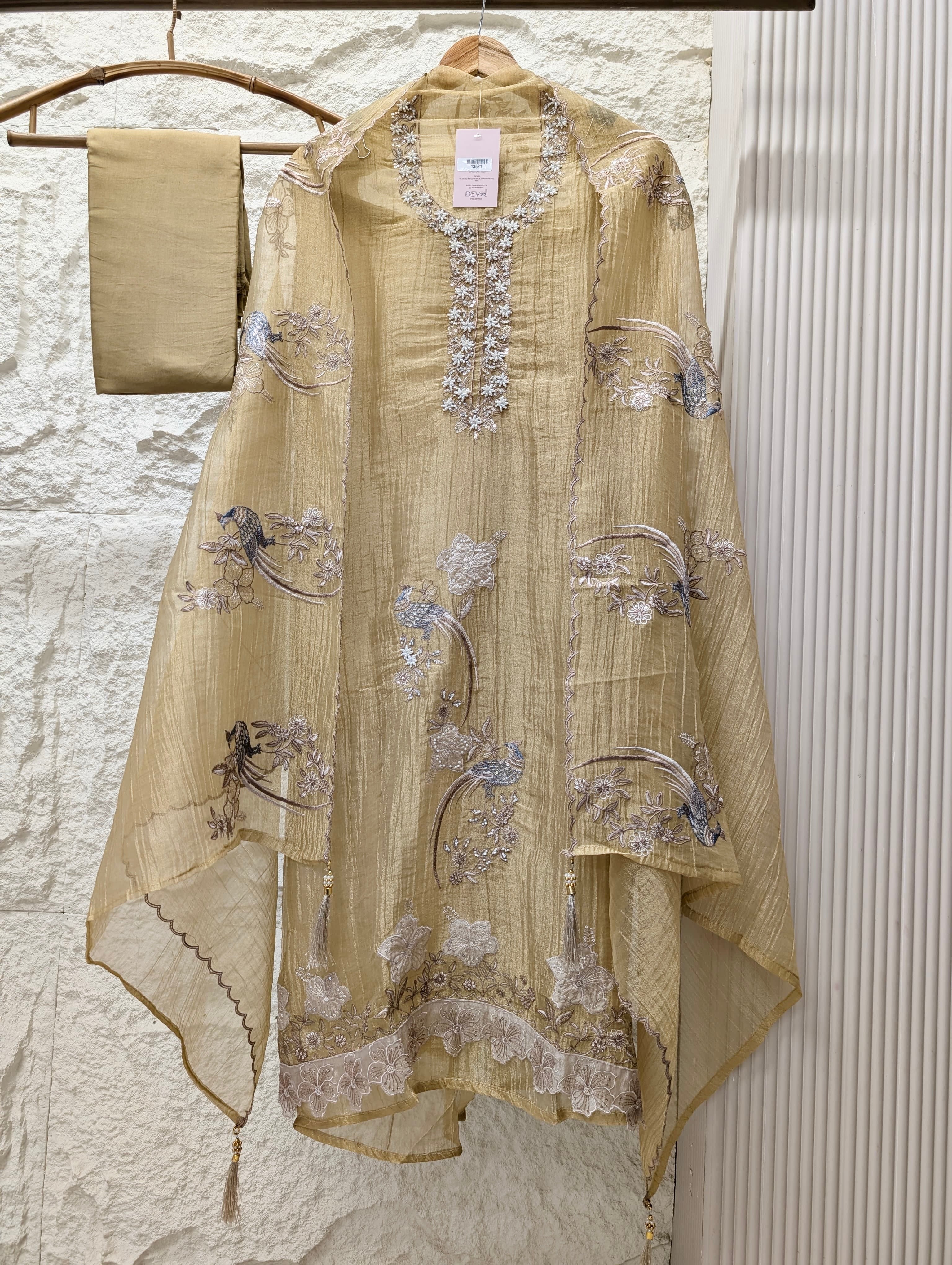 Beige Tissue Crush Silk Embroidered Unstitched 3-Piece Suit (Devri – D.No 13621)