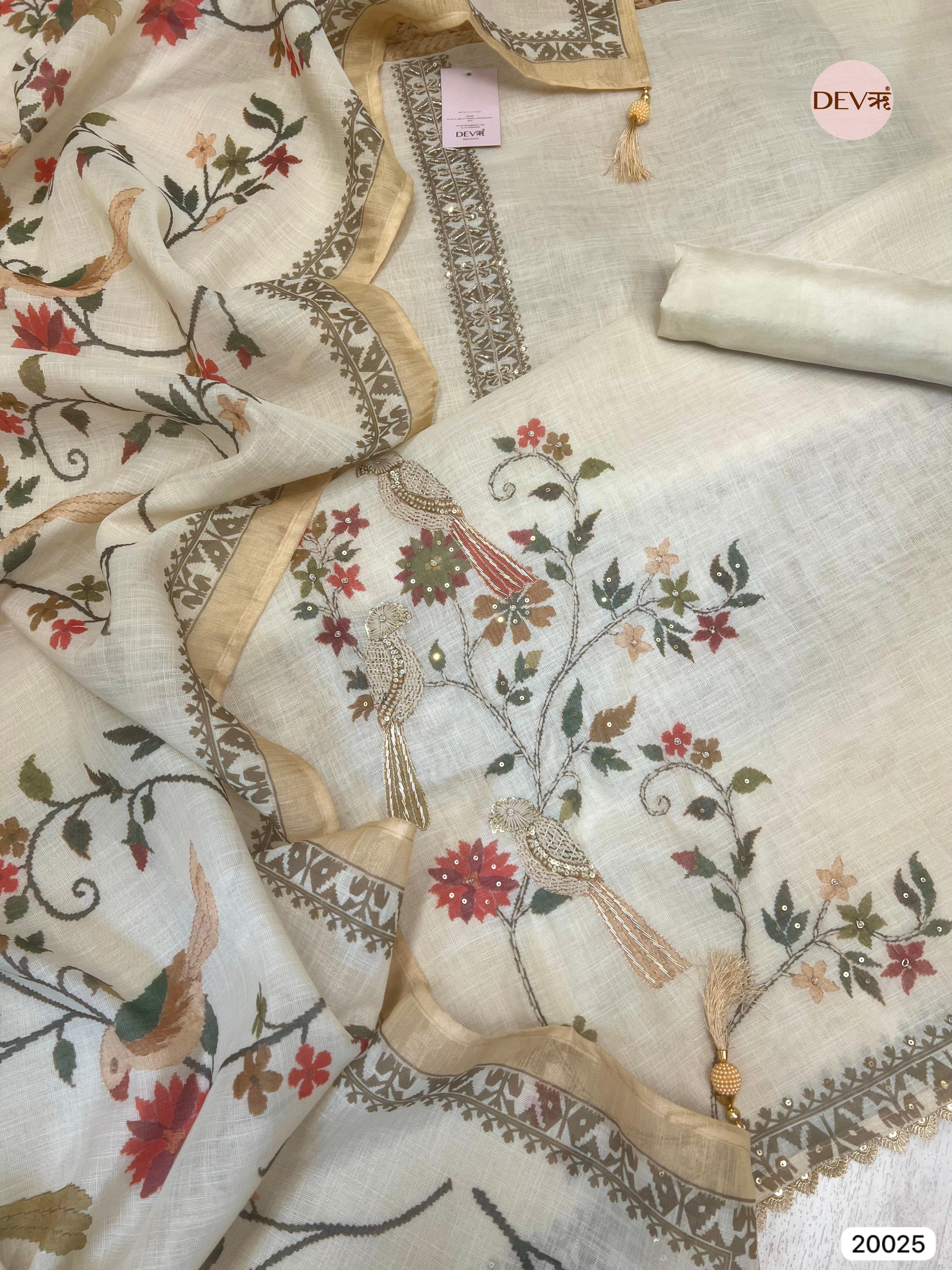 Ivory Linen Cotton Embroidered Unstitched 3-Piece Suit (Devri – D.No 20025