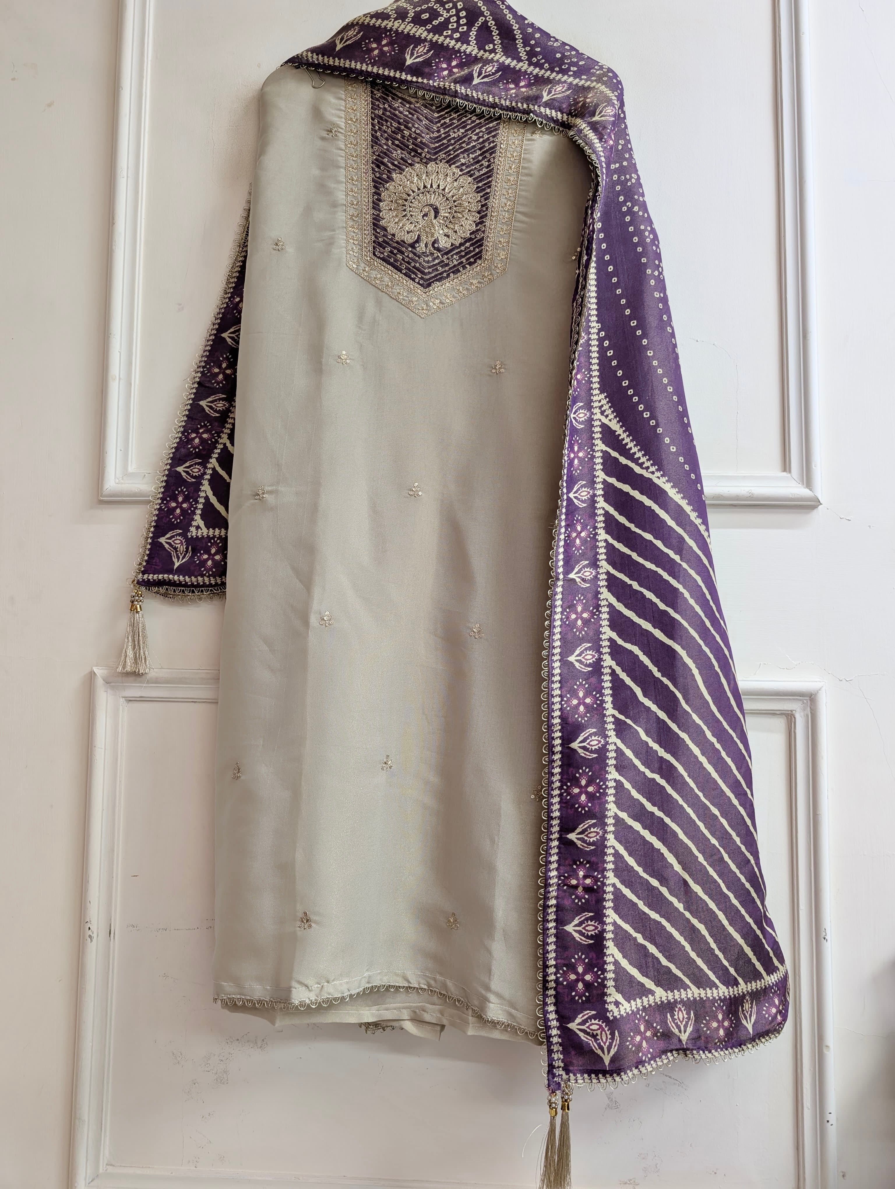 Beige Tissue Silk Embroidered Unstitched 3-Piece Suit (Devri – D.No 13737)
