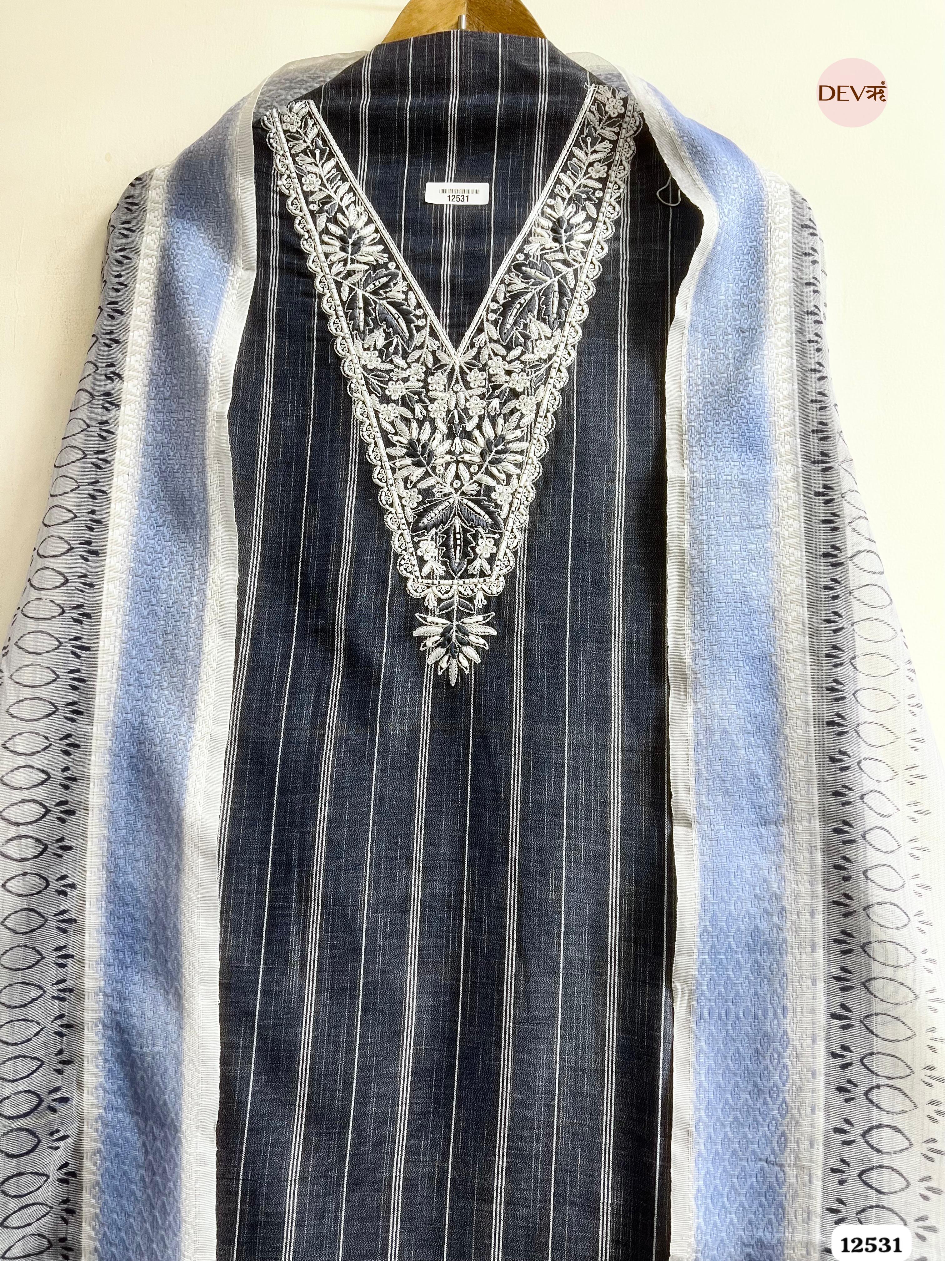 Navy Blue Handloom Cotton Embroidered Unstitched 3-Piece Suit (Devri – D.No 12531)