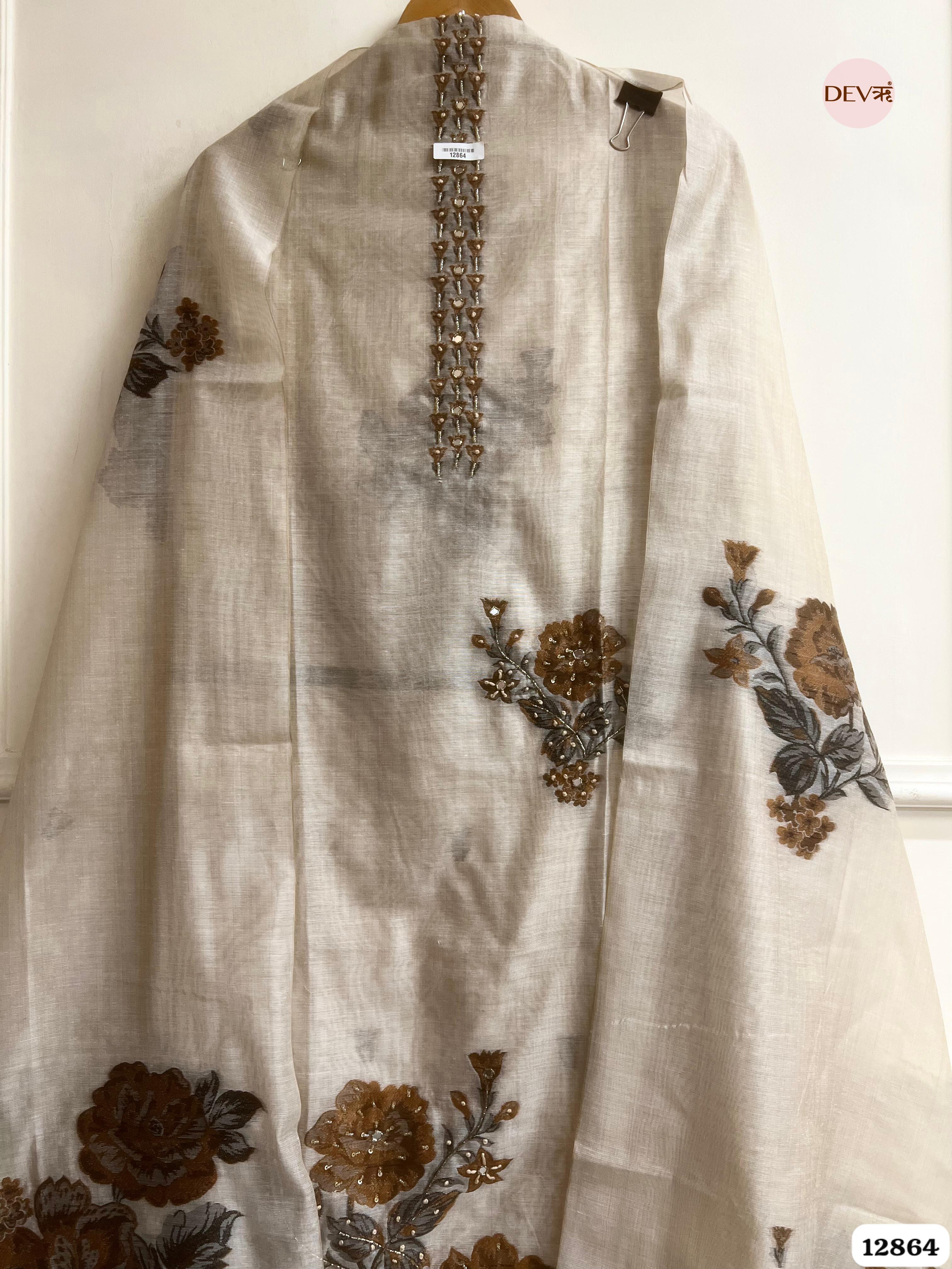 Ivory Mul Chanderi Embroidered Unstitched 3-Piece Suit (Devri – D.No 12864)