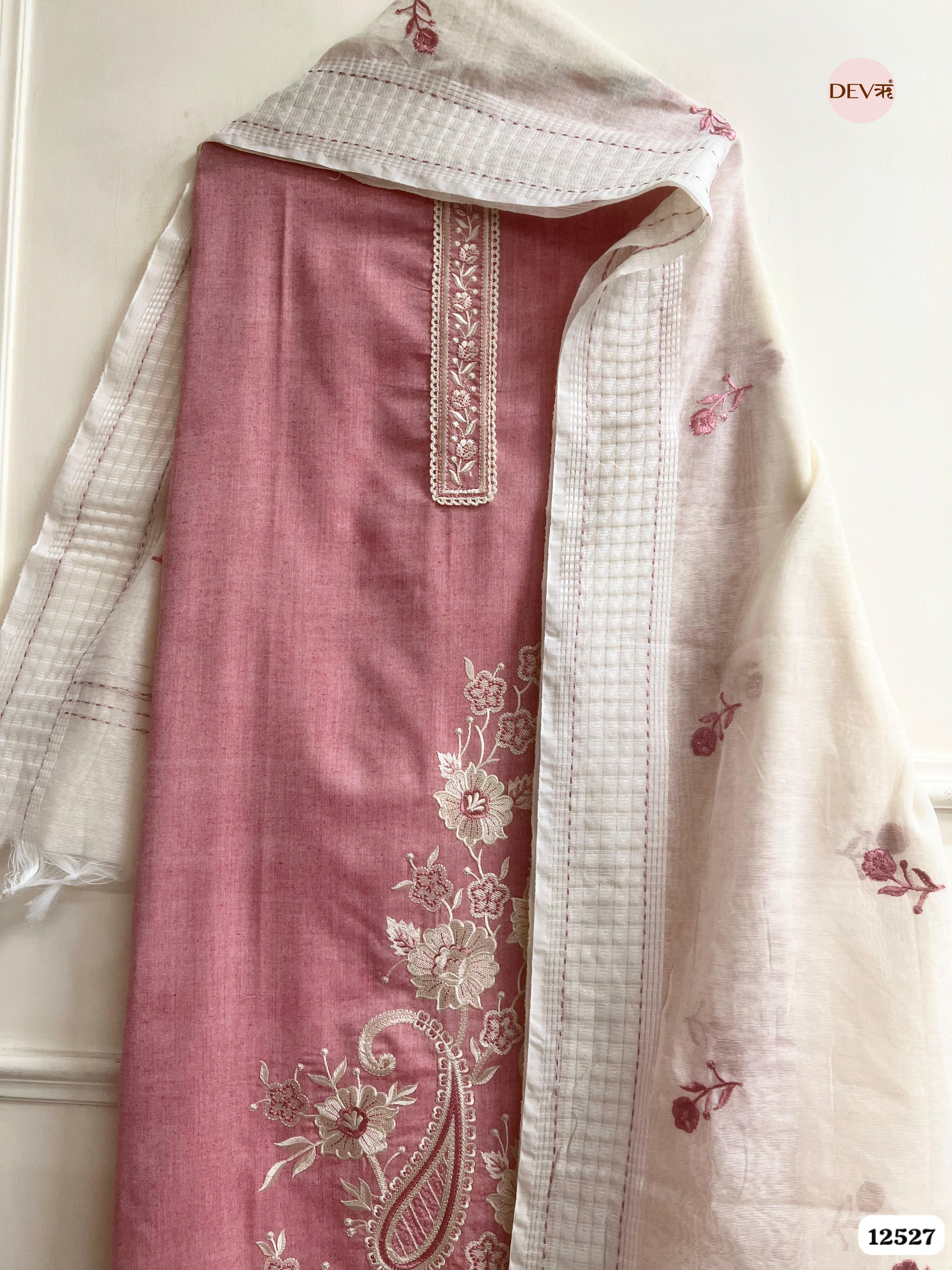 Dusty Rose Handloom Cotton Embroidered Unstitched 3-Piece Suit (Devri – D.No 12527)