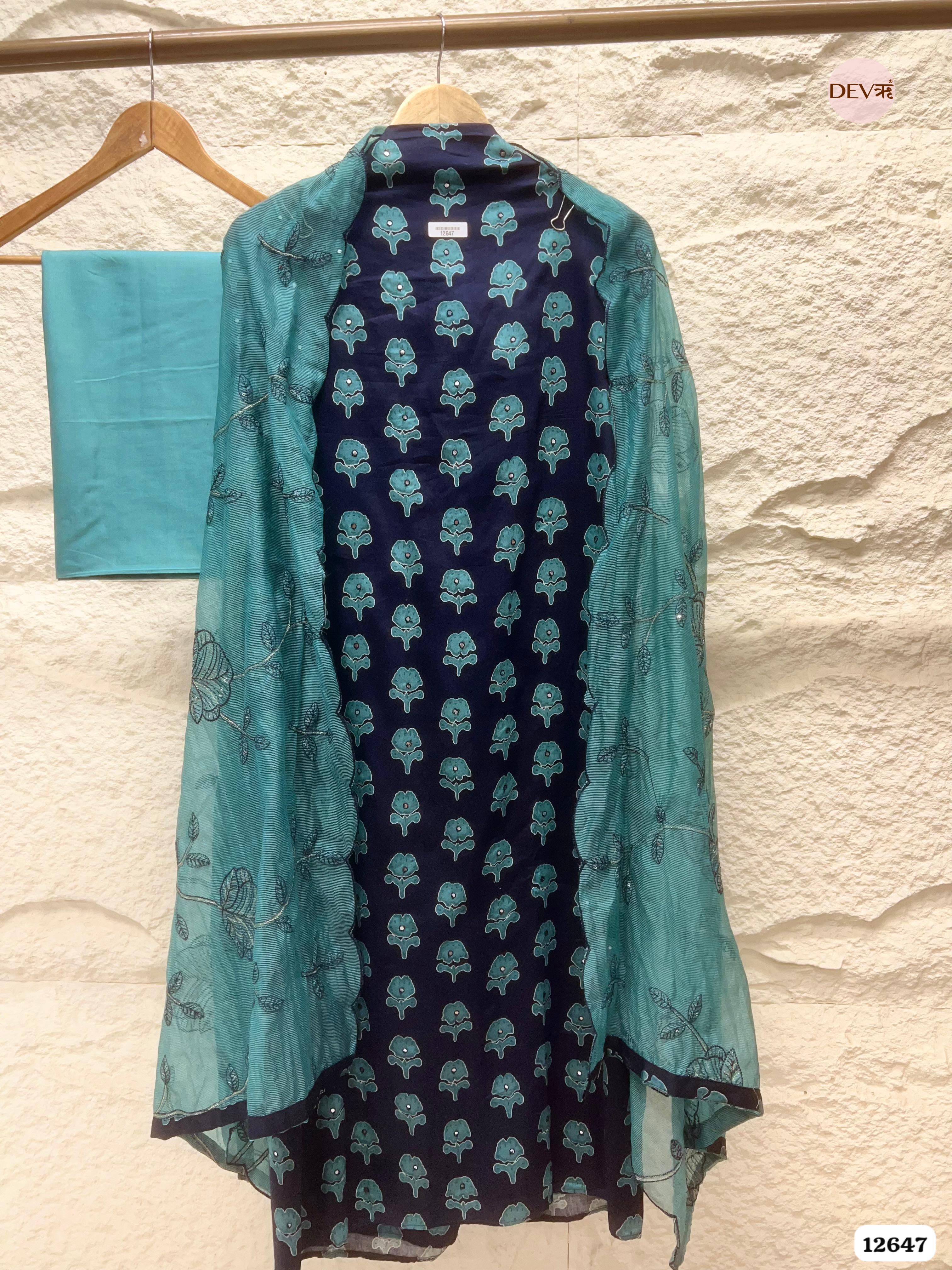 Navy Blue Cotton Printed Unstitched 3-Piece Suit (Devri – D.No 12647)