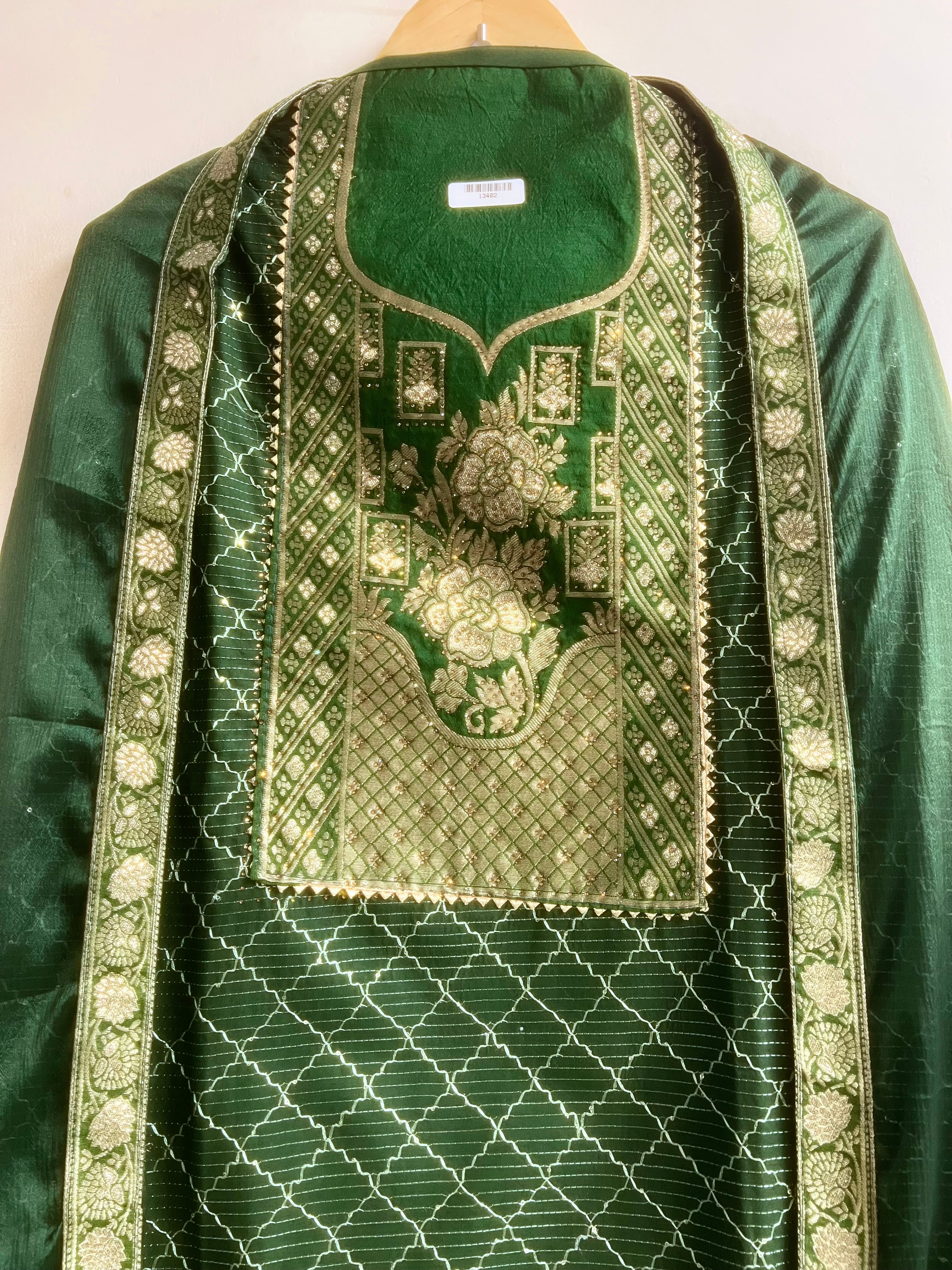 Green Silk Blend Embroidered Unstitched 3-Piece Suit (Devri – D.No 13402)