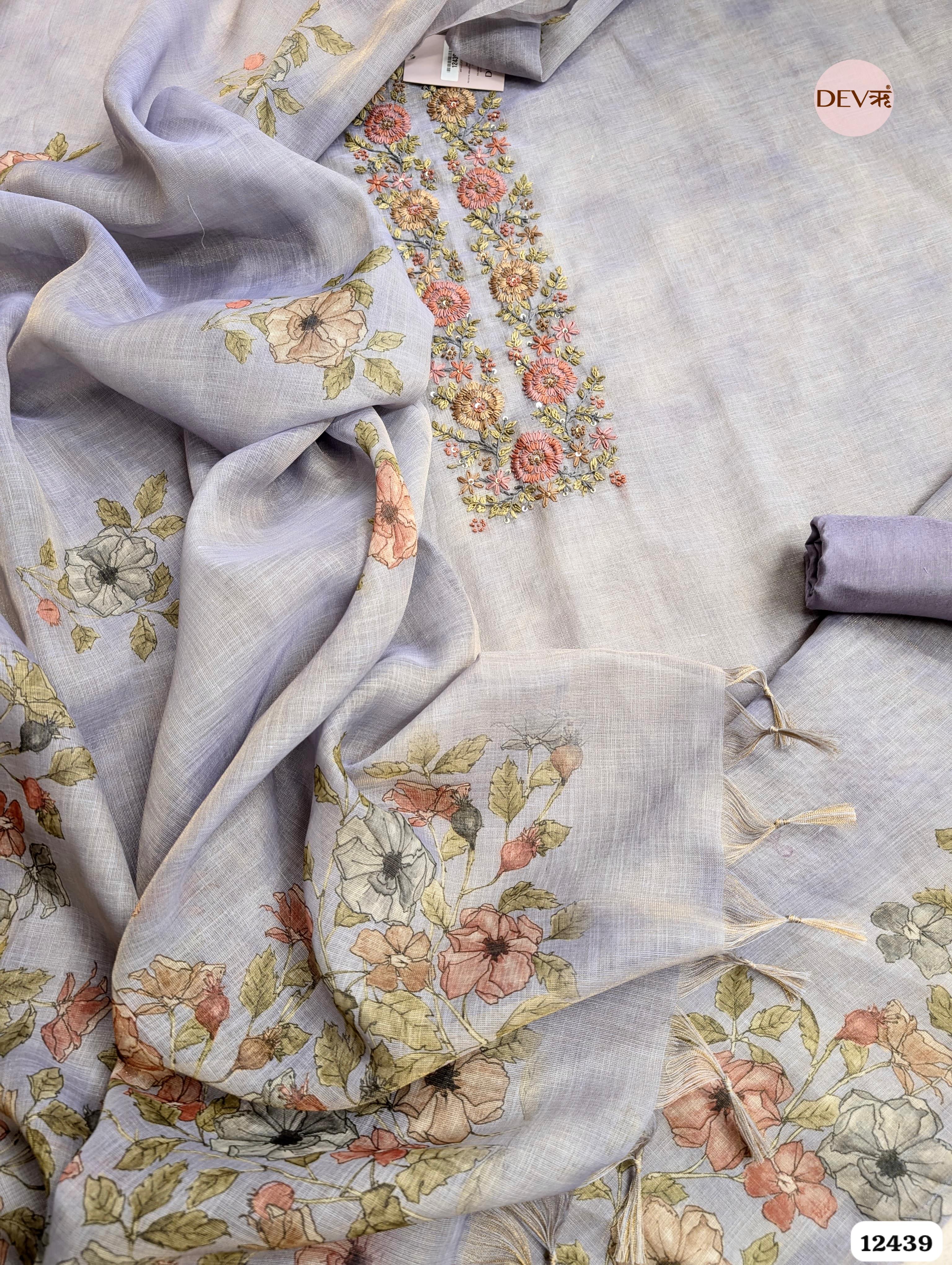 Lavender Linen Embroidered Unstitched 3-Piece Suit (Devri – D.No.12439)