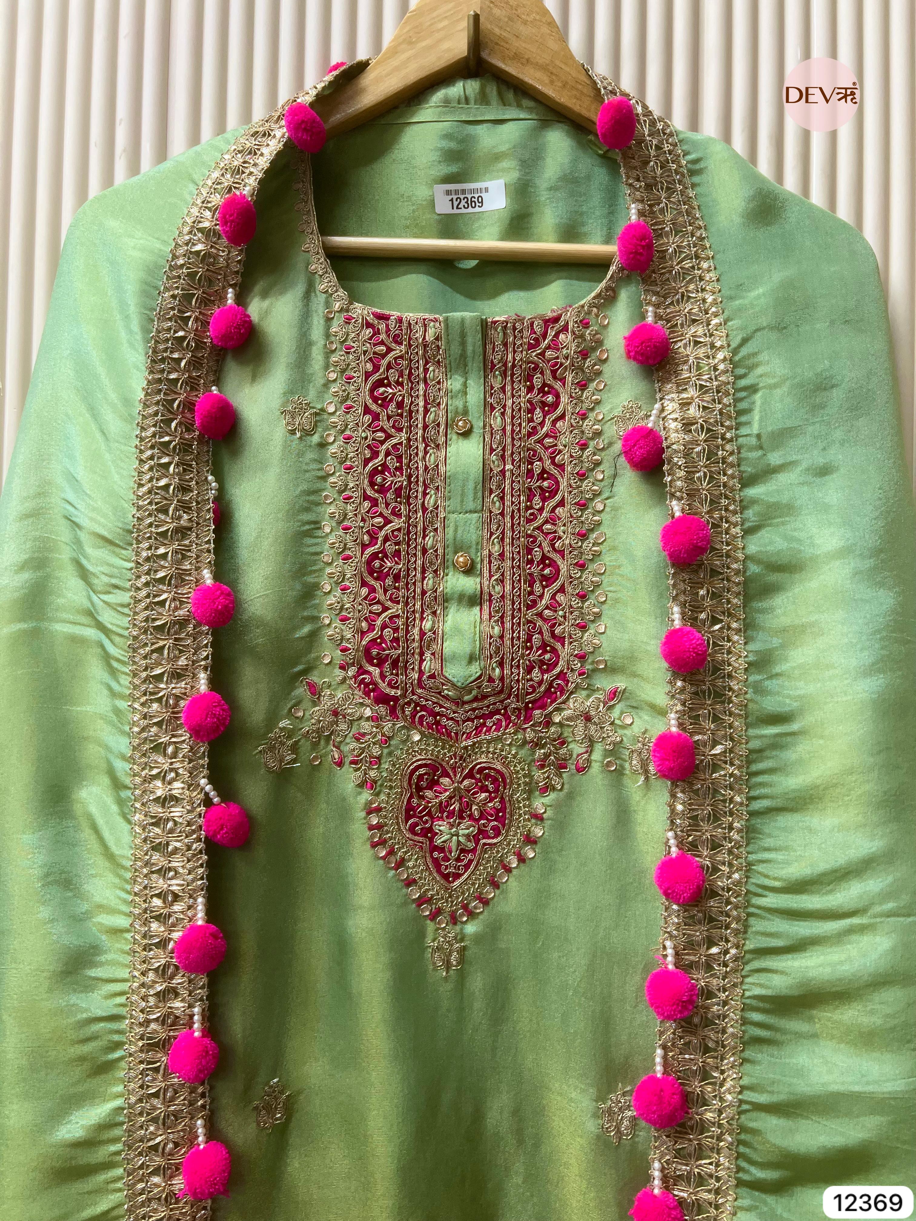 Mint Green Shimmer Silk Hand Embroidered Unstitched 3-Piece Suit (Devri – D.No 12369)