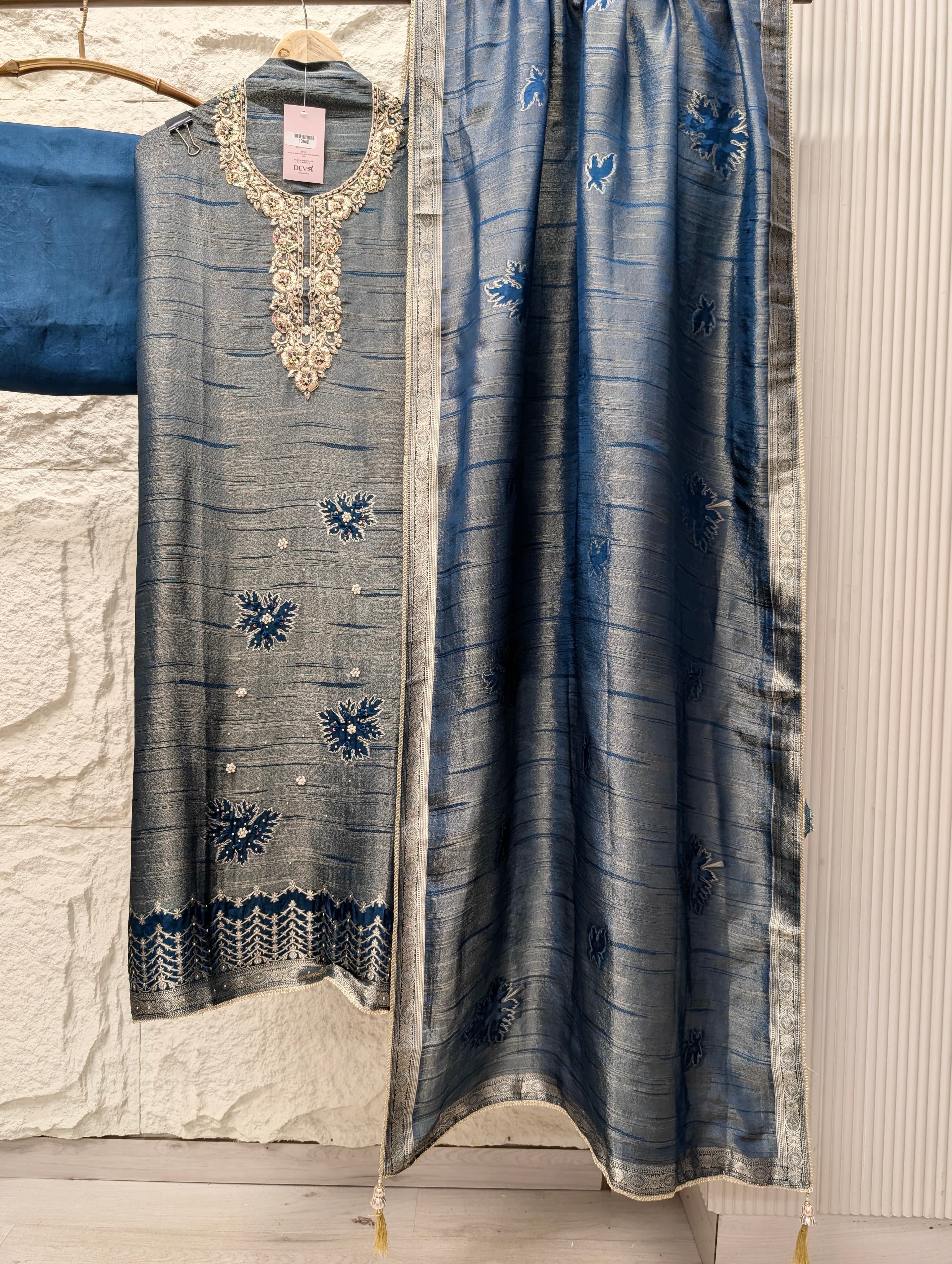 Blue Pure Girafe Banarasi Silk Embroidered Unstitched 3-Piece Suit (Devri – D.No 13642)
