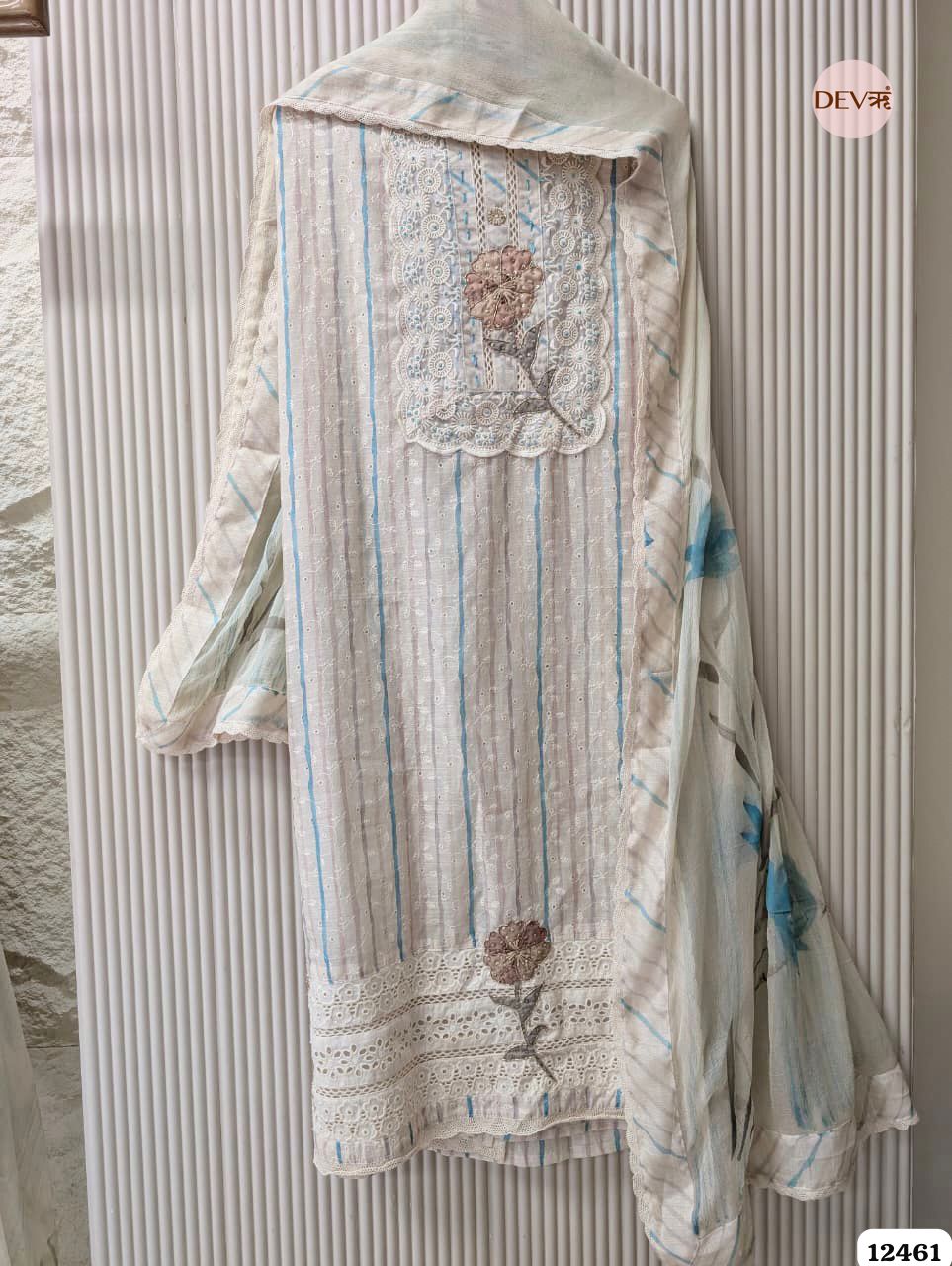 Blue & Beige Pure Linen Embroidered Unstitched 3-Piece Suit (Devri – D.No 12461)