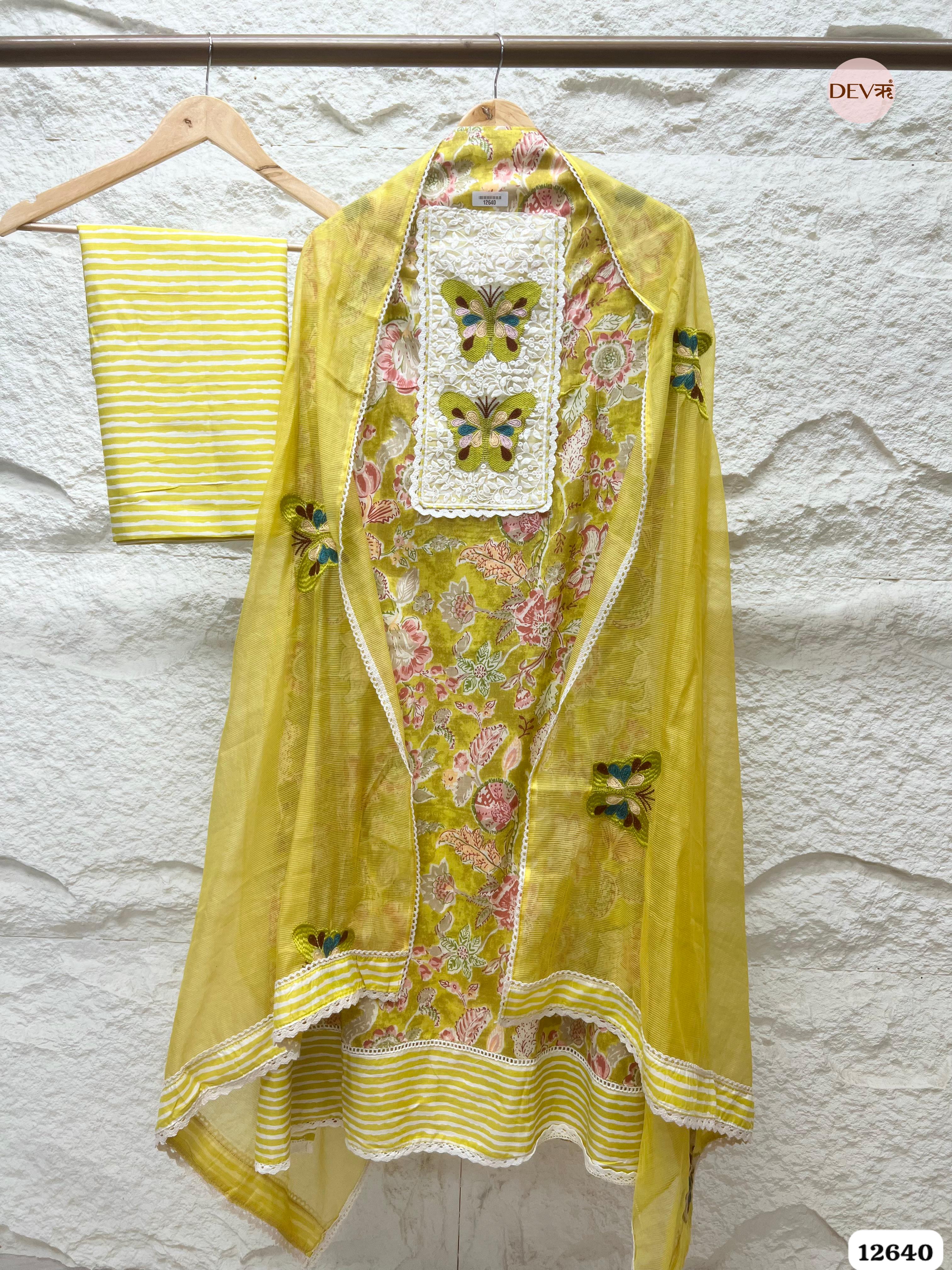 Yellow Cotton Floral Embroidered Unstitched 3-Piece Suit (Devri – D.No 12640)