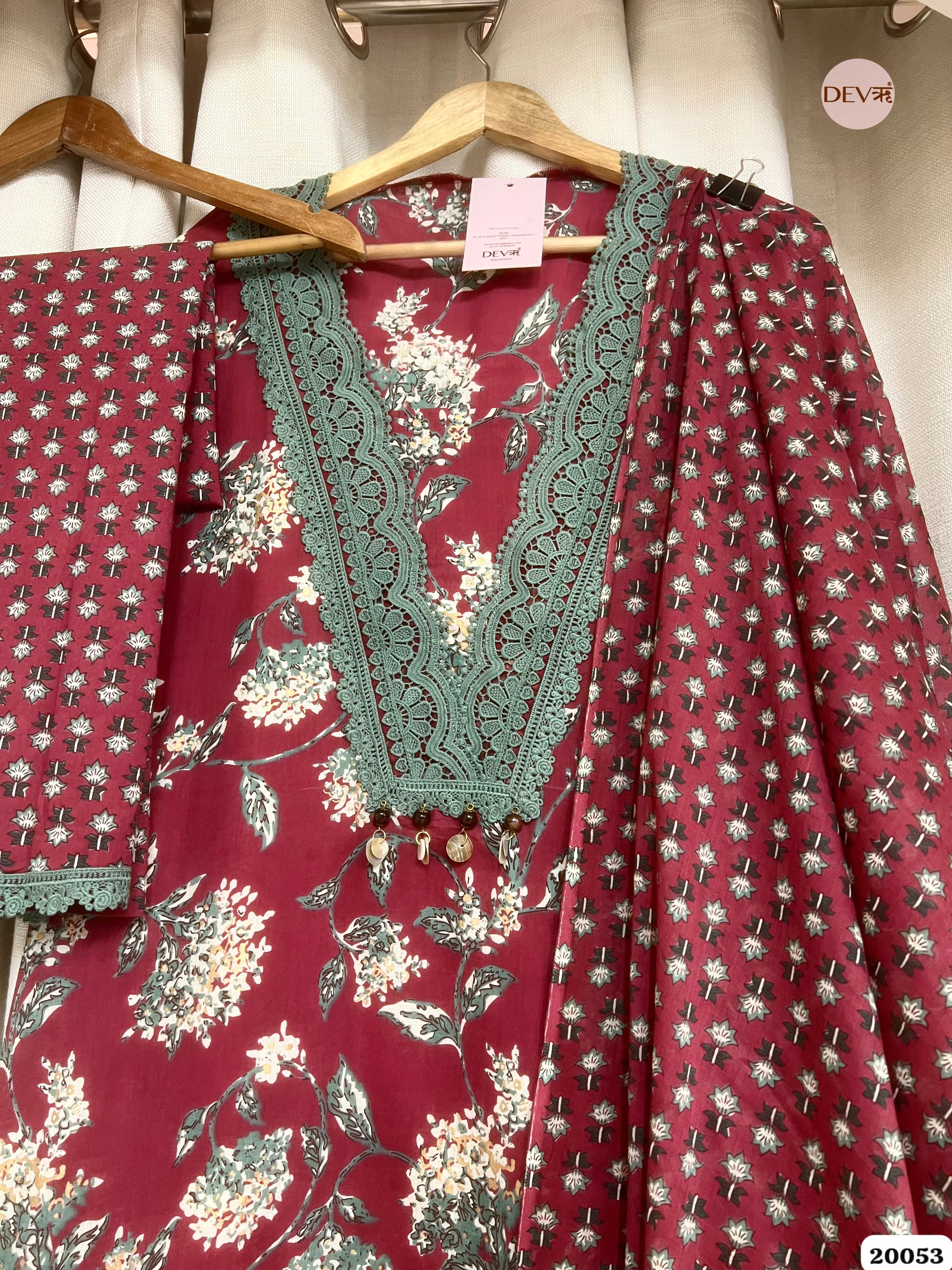 Maroon Pure Cotton Printed Unstitched 3-Piece Suit (Devri – D.No. 20053)