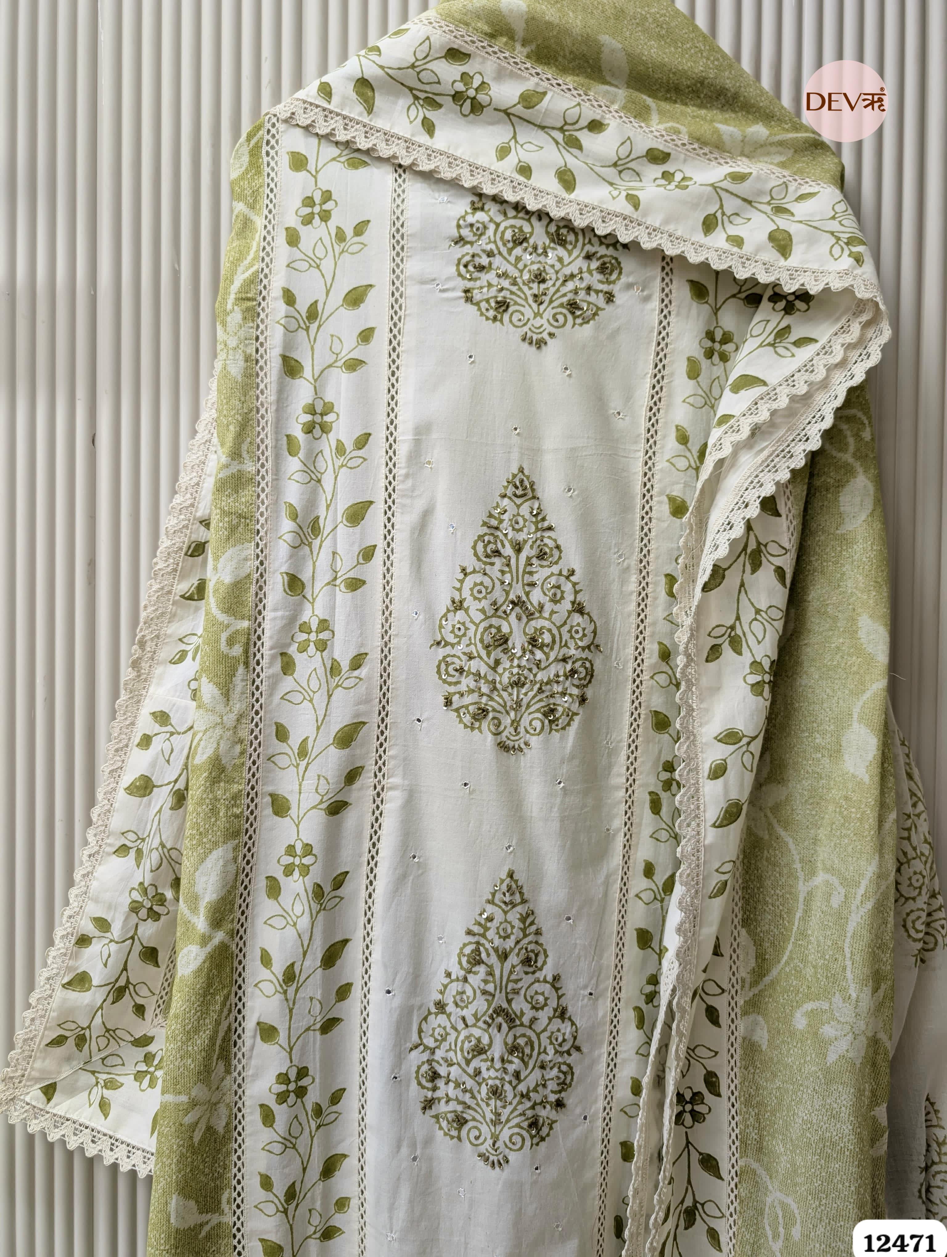 Olive Green & White Pure Cotton Printed & Embroidered Unstitched 3-Piece Suit (Devri – D.No 12471)