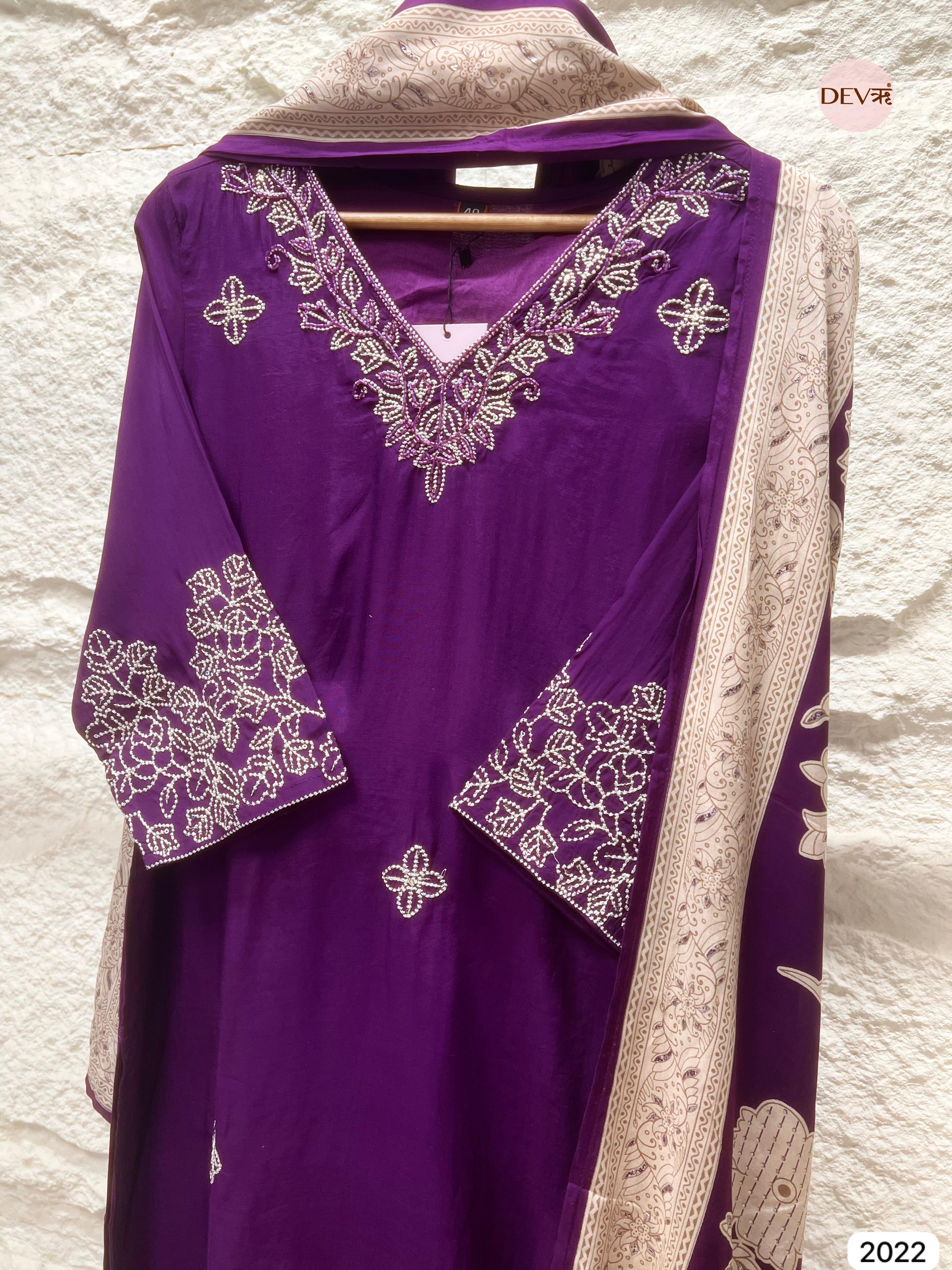Purple Embroidered Muslin 3-Piece Set - {2022}