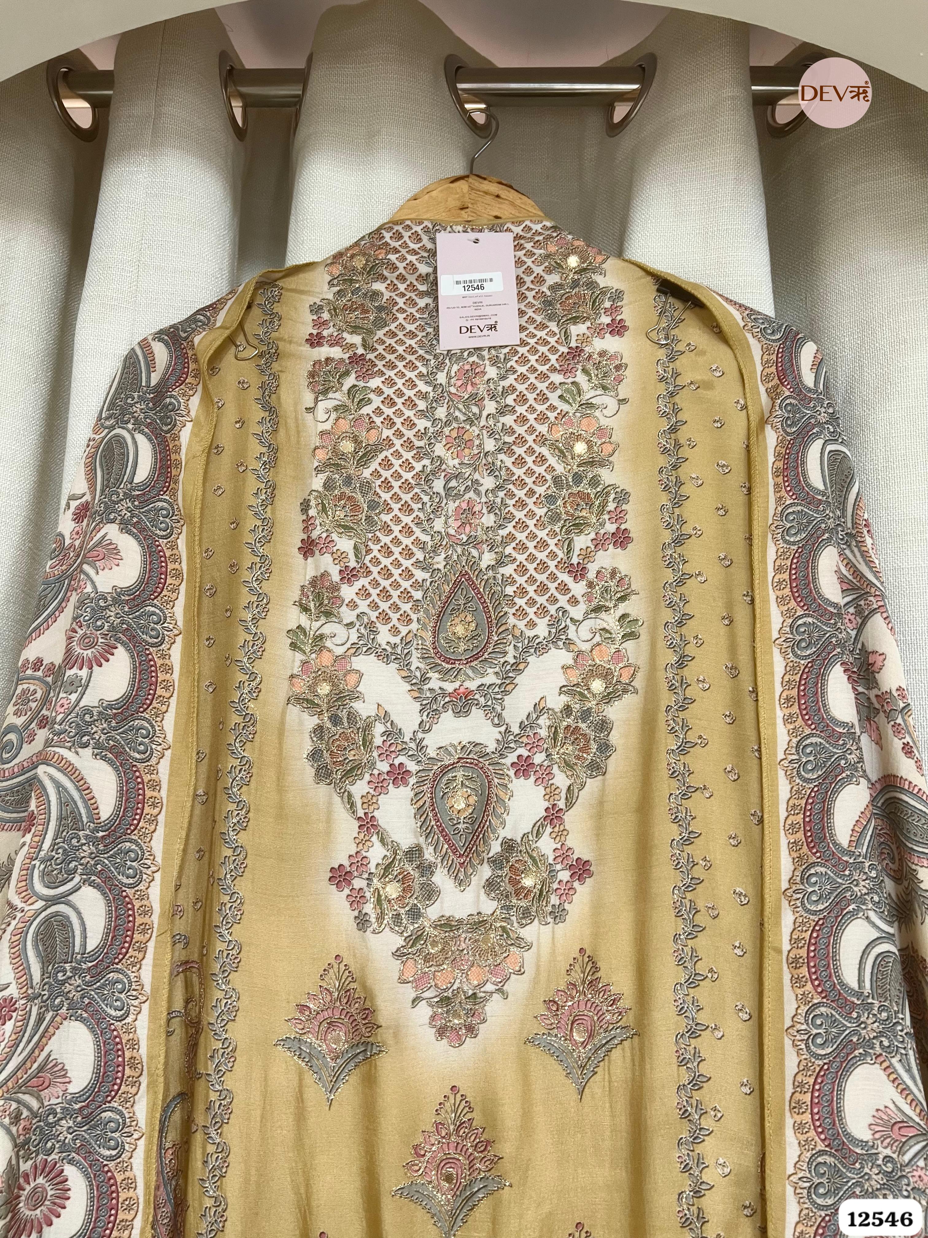 Mustard Muslin Embroidered Unstitched 3-Piece Suit (Devri – D.No 12546)