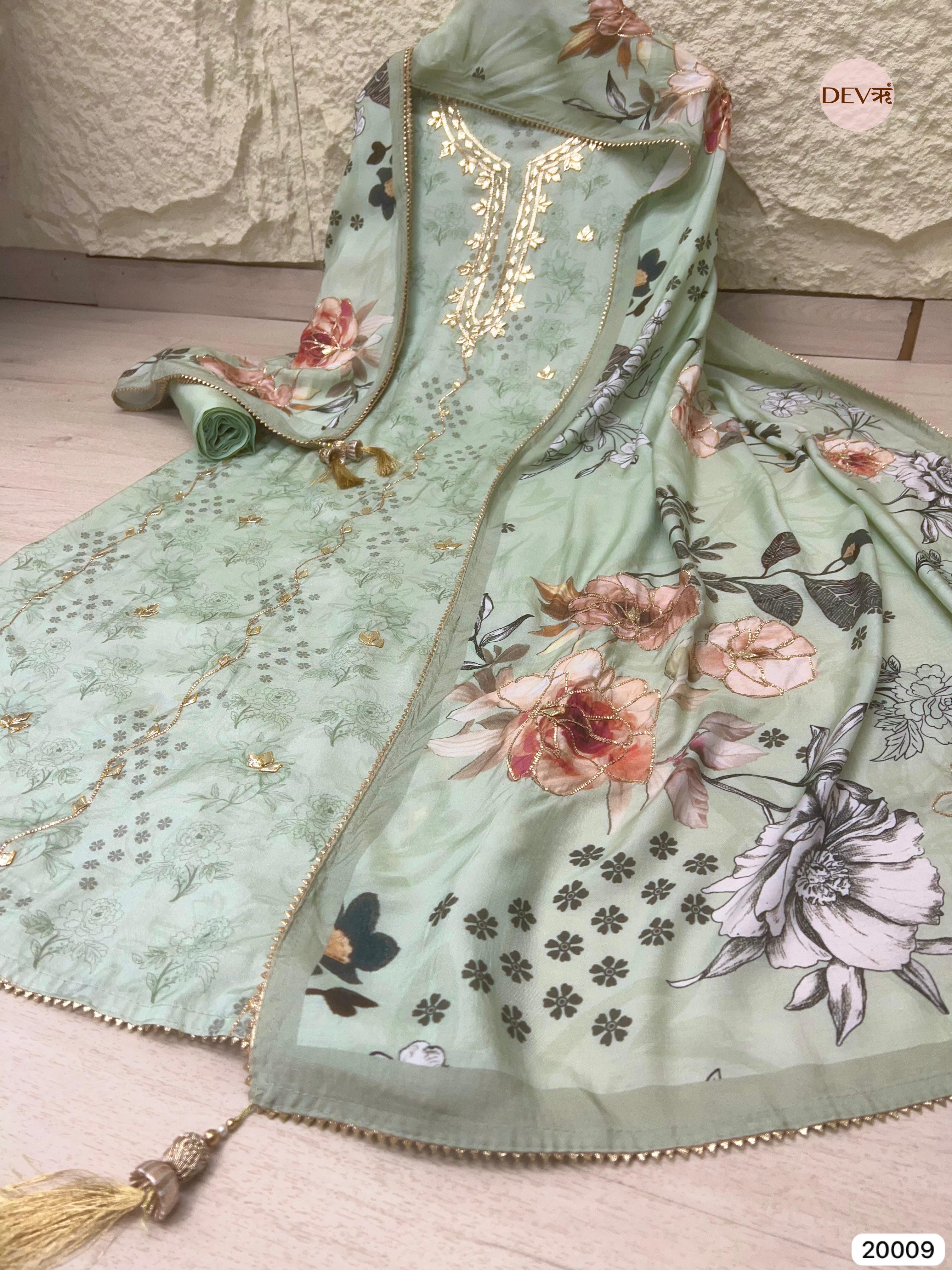 Mint Green Muslin Printed and Embroidered Unstitched 3-Piece Suit (Devri – D.No 20009)