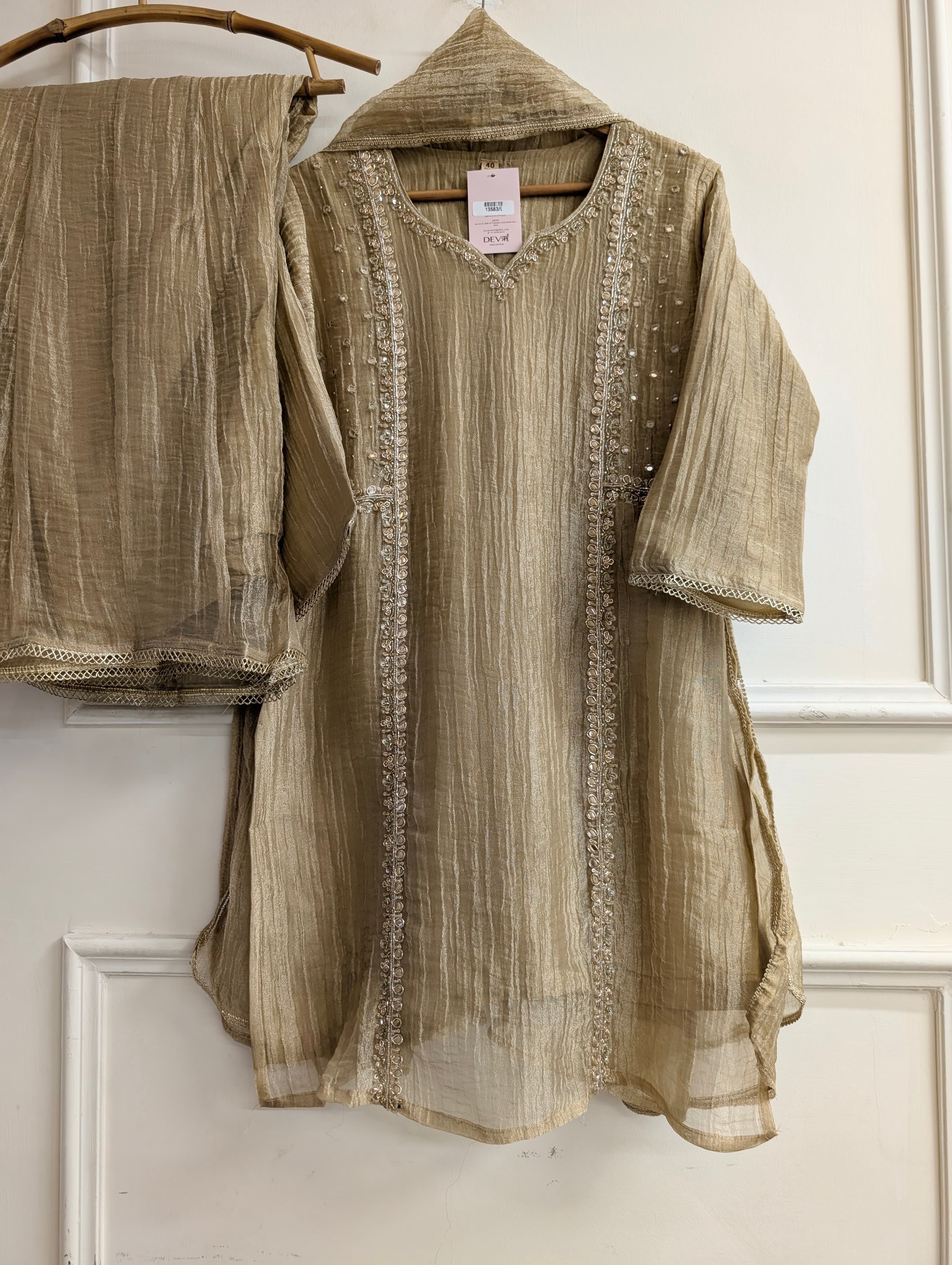 Zareen Tissue Crush Embroidered Gold 3-Piece Set (Devri – D.No 13583)