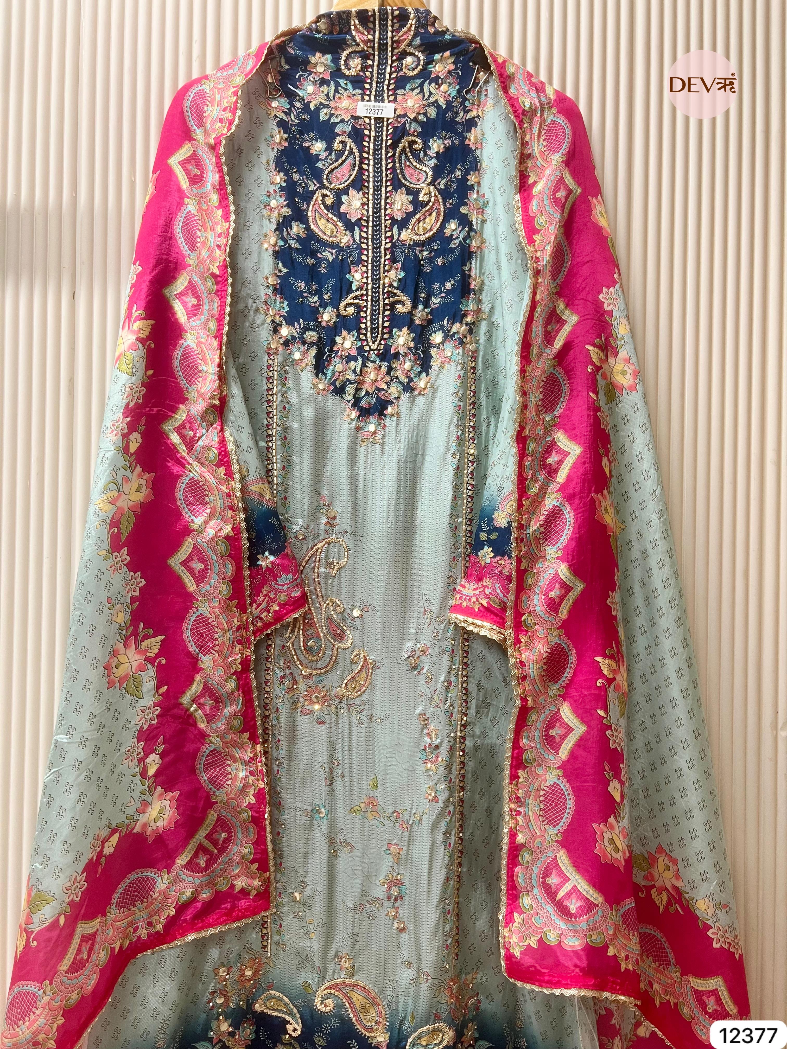 Teal and Navy Muslin Printed Unstitched 3-Piece Suit (Devri – D.No 12377)