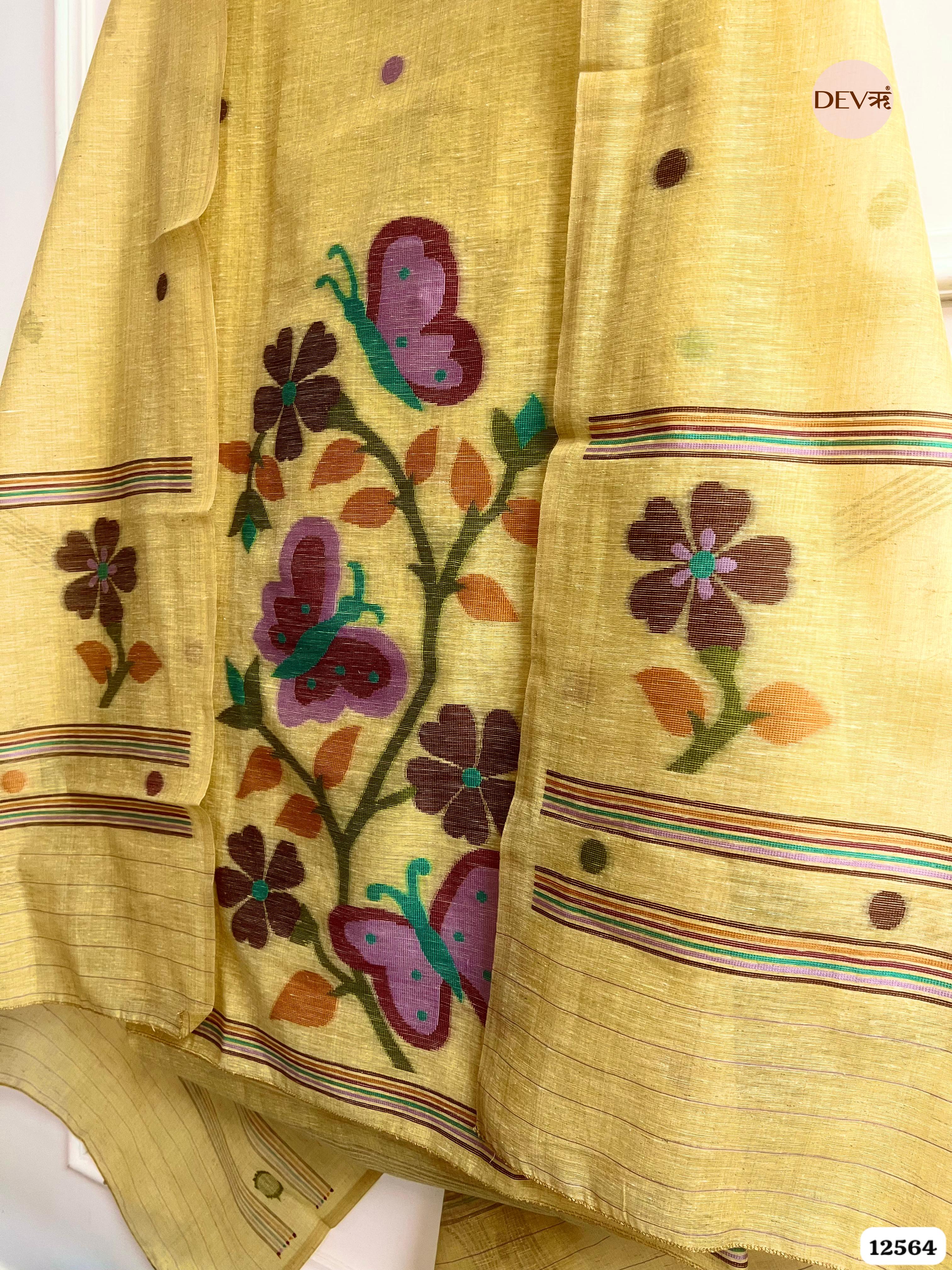 Yellow Linen Printed Unstitched 3-Piece Suit (Devri – D.No 12564)