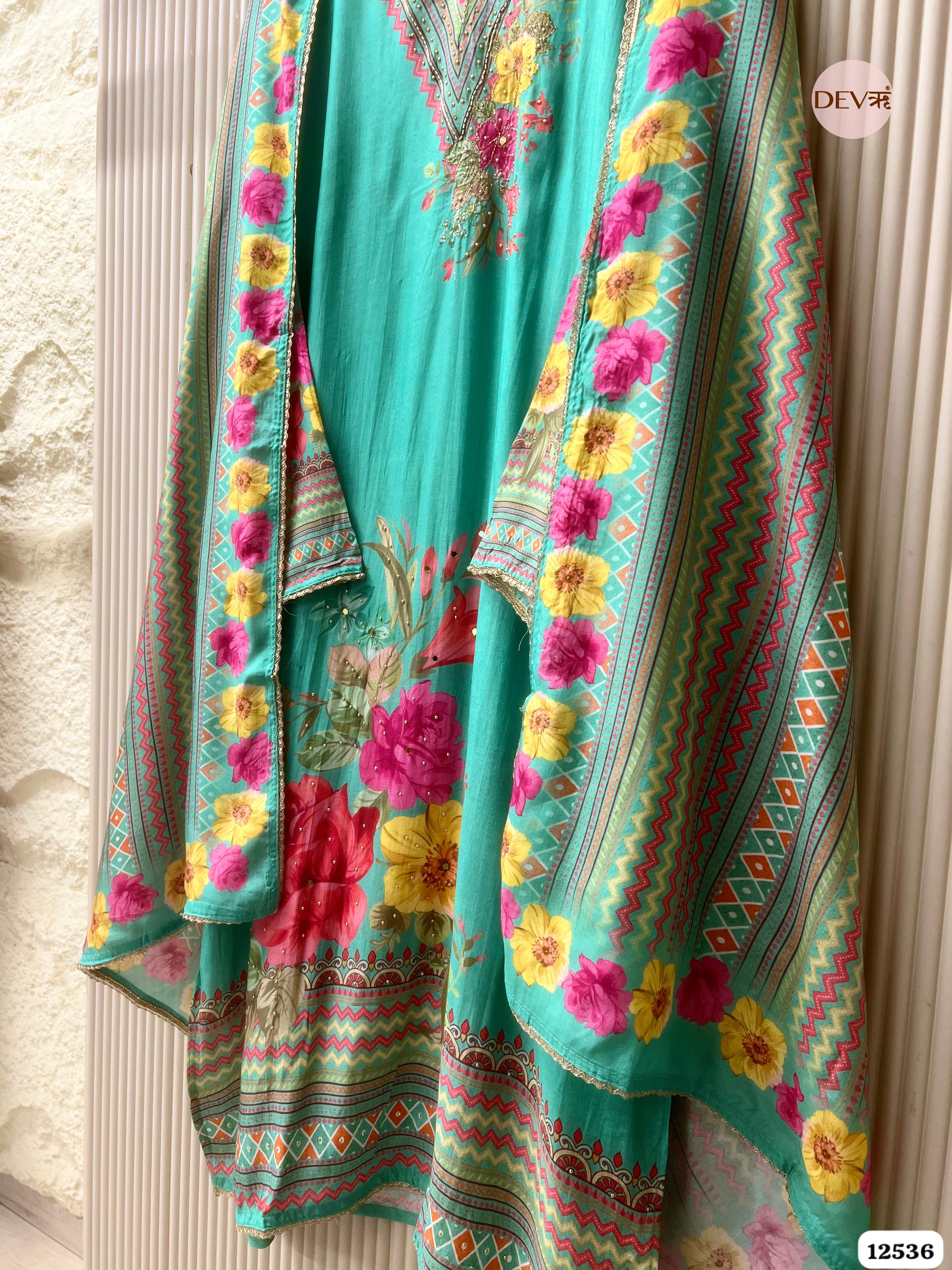 Sea Green Muslin Printed Unstitched 3-Piece Suit (Devri – D.No . 12536)