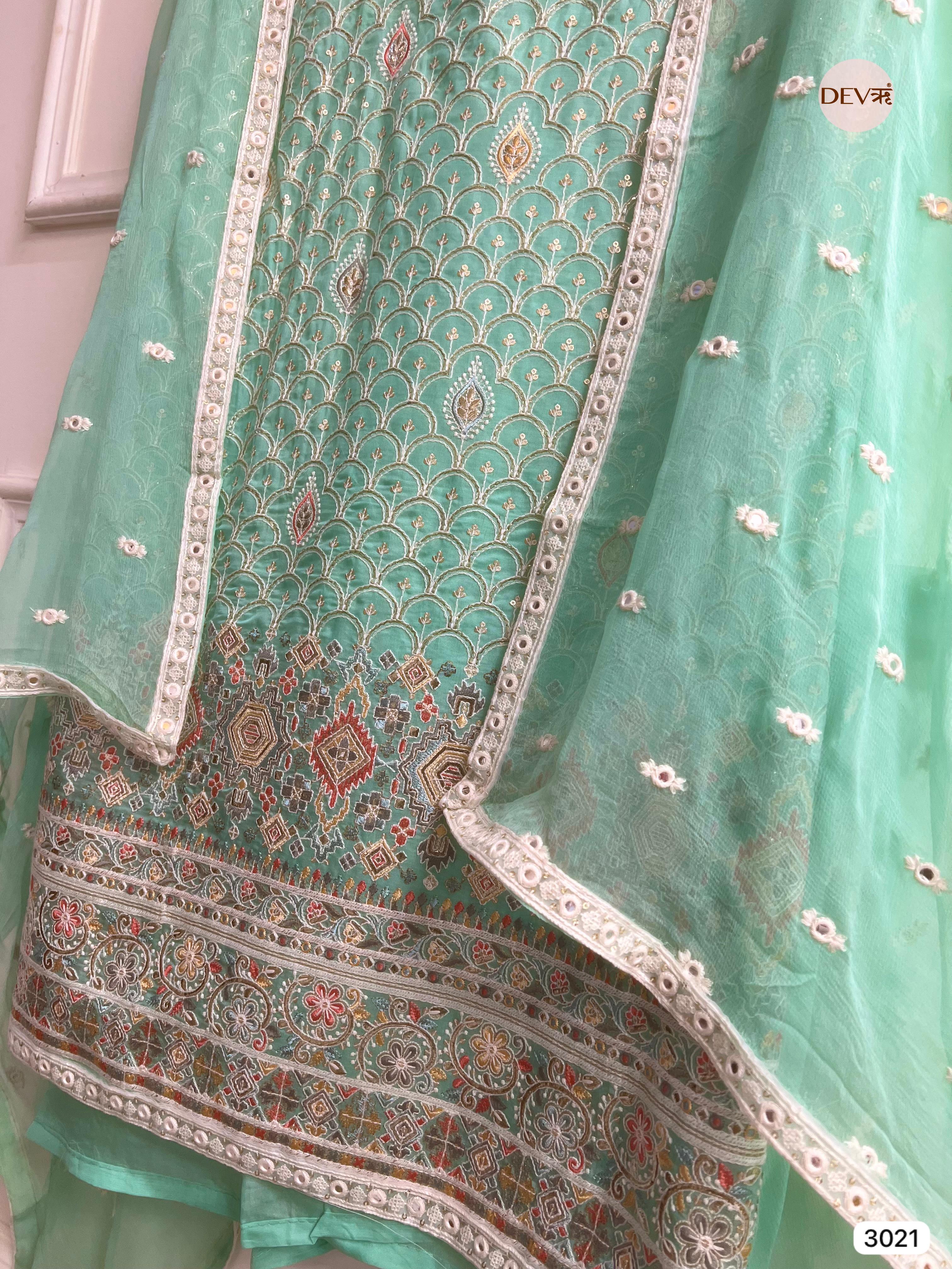 Sea Green Organza Embroidered Unstitched 3-Piece Suit (Devri – D.No 3021)