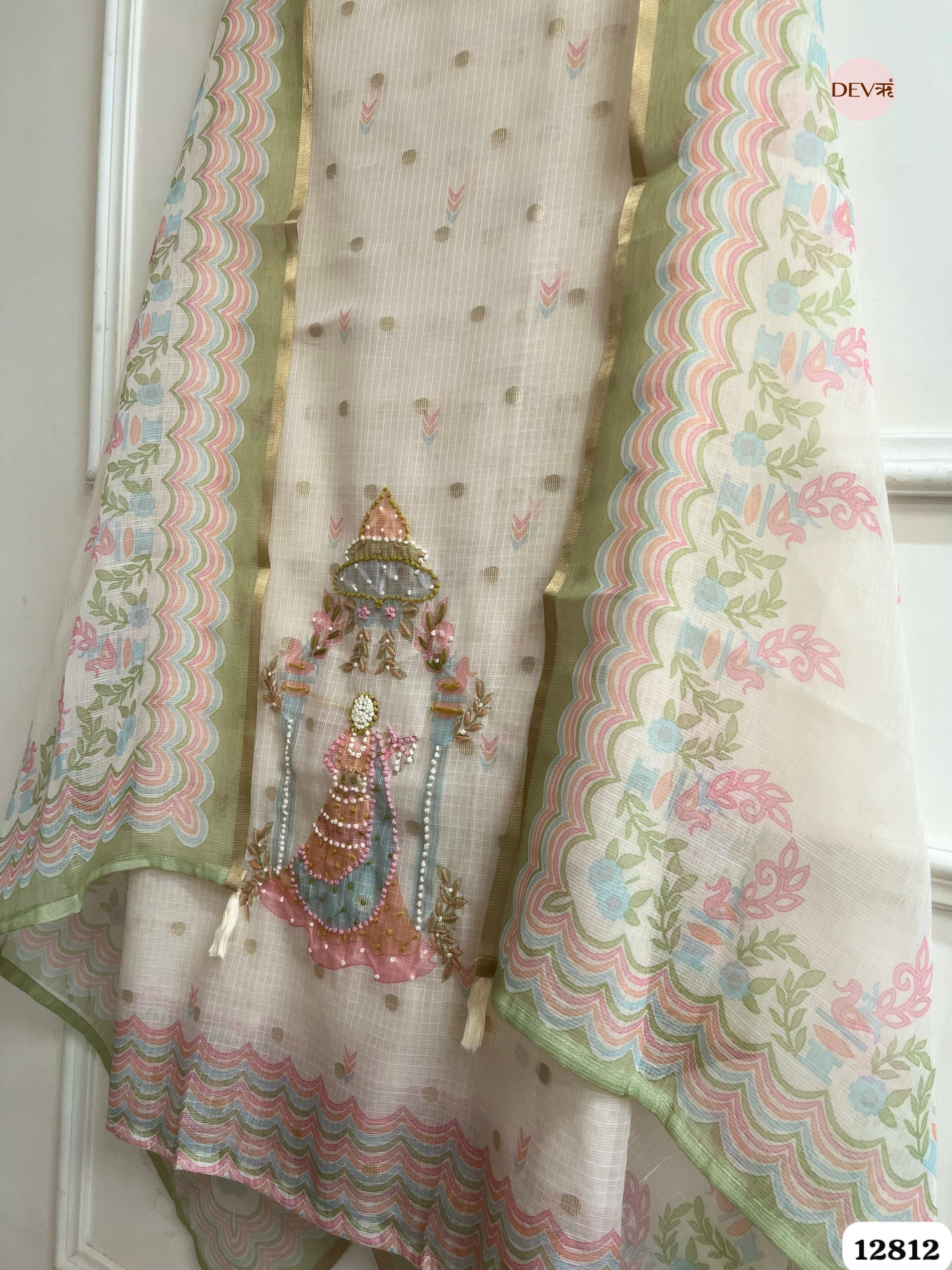Cream Kota Printed Unstitched 3-Piece Suit (Devri – D.No 12812)